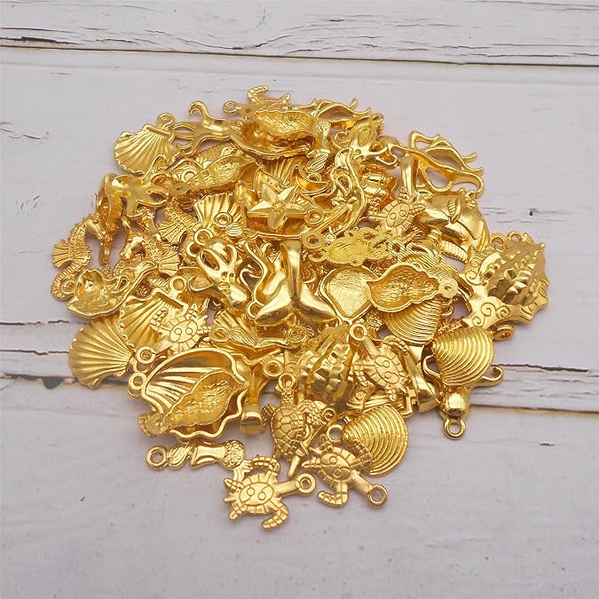 100PCS/300PCS Golden Summer Beach Charms, Mixed Sea Ocean Animals Marine Life Alloy Pendants for Hawaii Necklace Bracelet Jewelry Making and Crafting Supplies