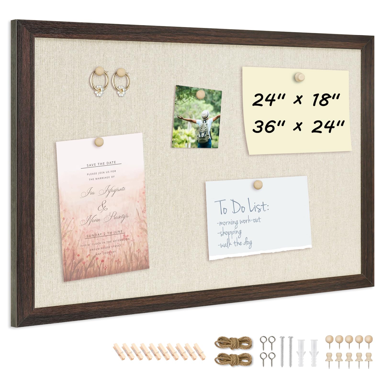 DOLLAR BOSS Bulletin Board with Linen 24'' x 18'' Wood Framed Cork Boards for Walls, Photo Display Pin Board, Decorative Corkboard for Office Home School Dorm Decor with 10 Pushpins, Dark Walnut