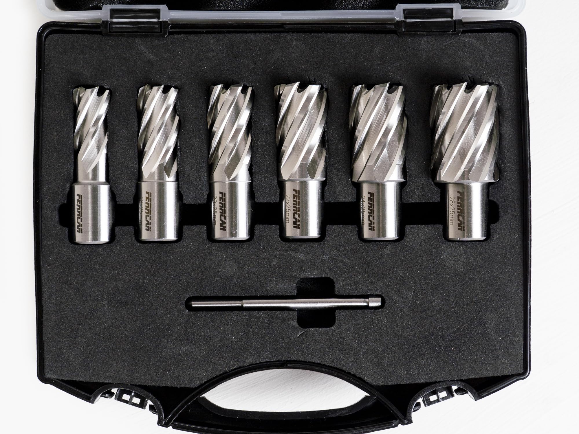 Maletín de 6 brocas huecas HHS Ferrcan, para perforación de metales vástago weldon de 16,18,20,22,24 y 28mm con profundidad de 25mm.
