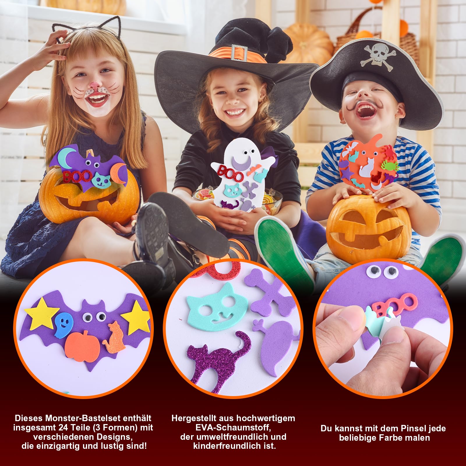 Jusduit Halloween Bastelset – 16 Schaum-Kürbisse + 16 Gesichtssticker, DIY Dekoration Für Kinder
