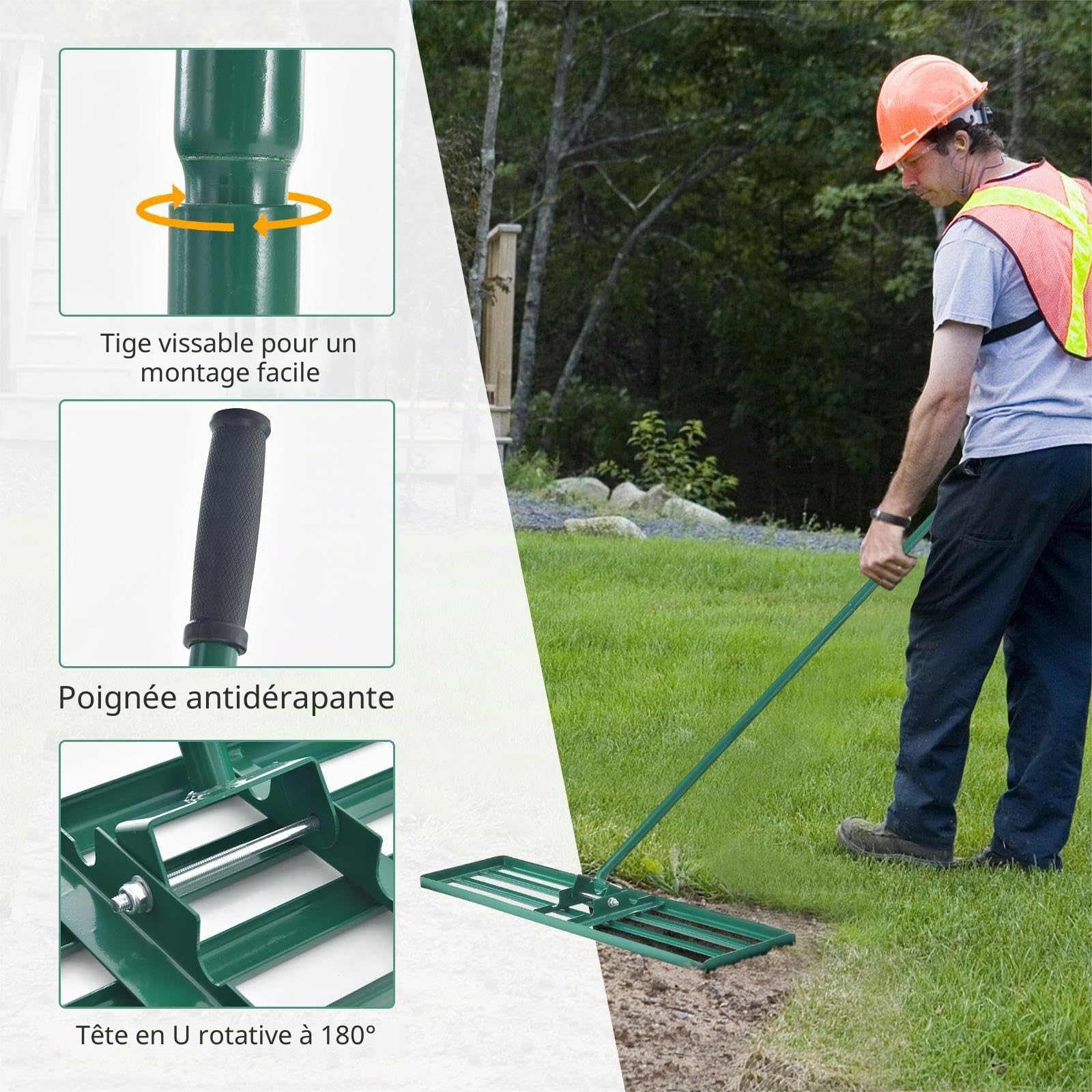 SOARS Râteau de Nivellement de Pelouse 91 X 25 CM, Râteau de Jardin avec Poignée Ergonomique Antidérapante de 170 CM, Fabriqué en Métal de Haute Qualité, pour Jardin, Cour, Terrain de Golf