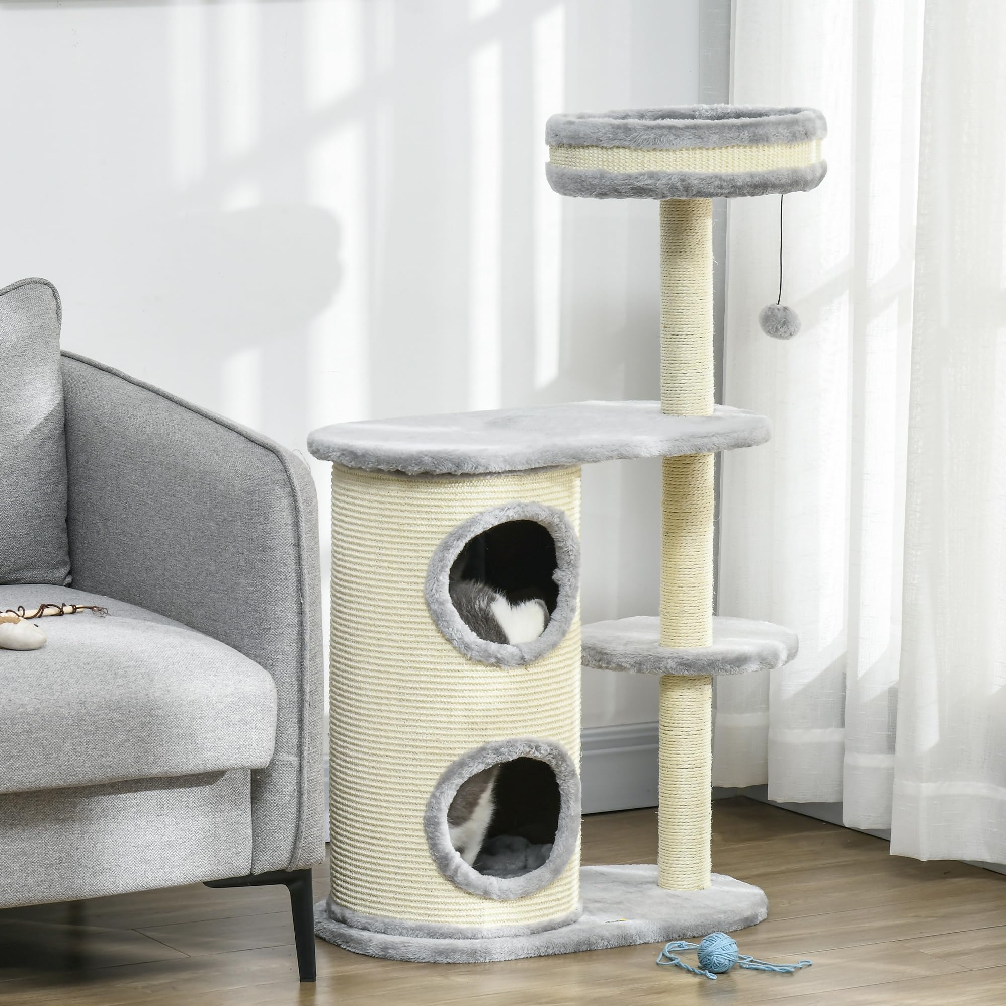PawHut Kratzbaum Für Wohnungskatzen – 47 Cm Hoch Mit Kratzbaum, Bett, Tunnel & Spielzeug, Grau, Max. 5 Kg