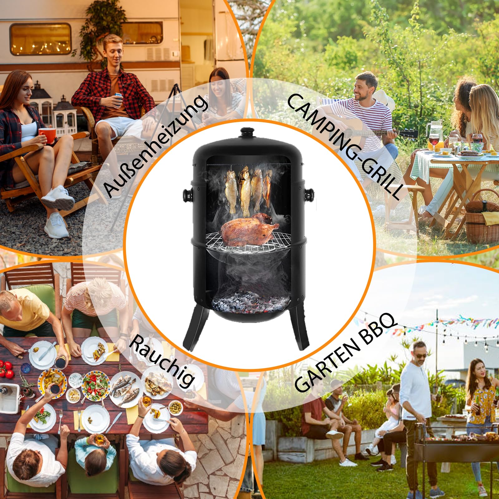 Affumicatore 3 in 1, Barbecue Carbonella, Griglia per Affumicatura con 2 Griglie in Acciaio Inossidabile, Termometro, Barbecue a Carbone, Affumicatore con Coperchio, Ø44,5 x80 cm Affumicatoi, Nero