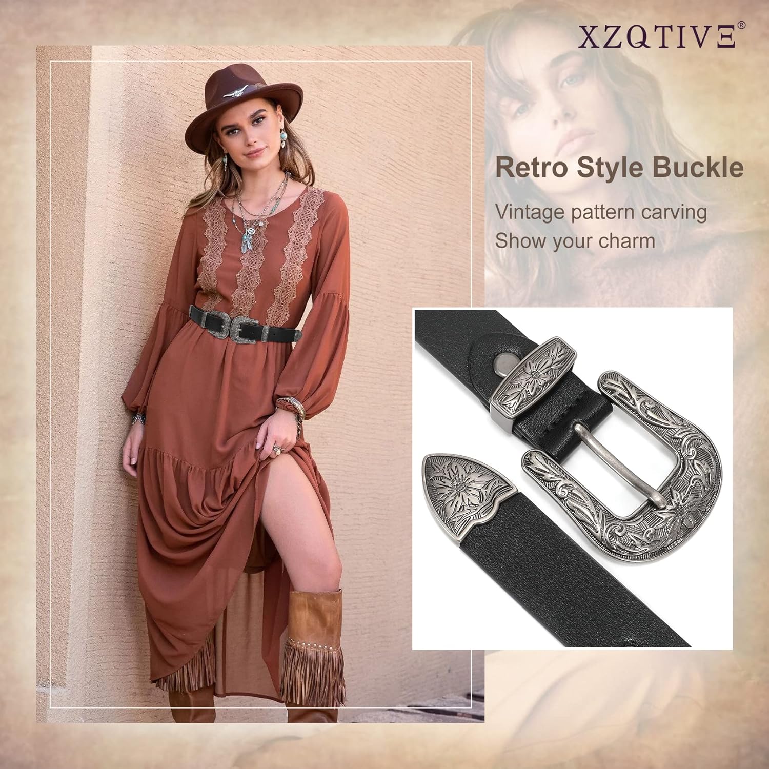 XZQTIVE Women Leather Belt Ladies Vintage Western Belt Retro Cowgirl Leather Belt Black Waist Belt for Pants Jeans Dresses - Image 4