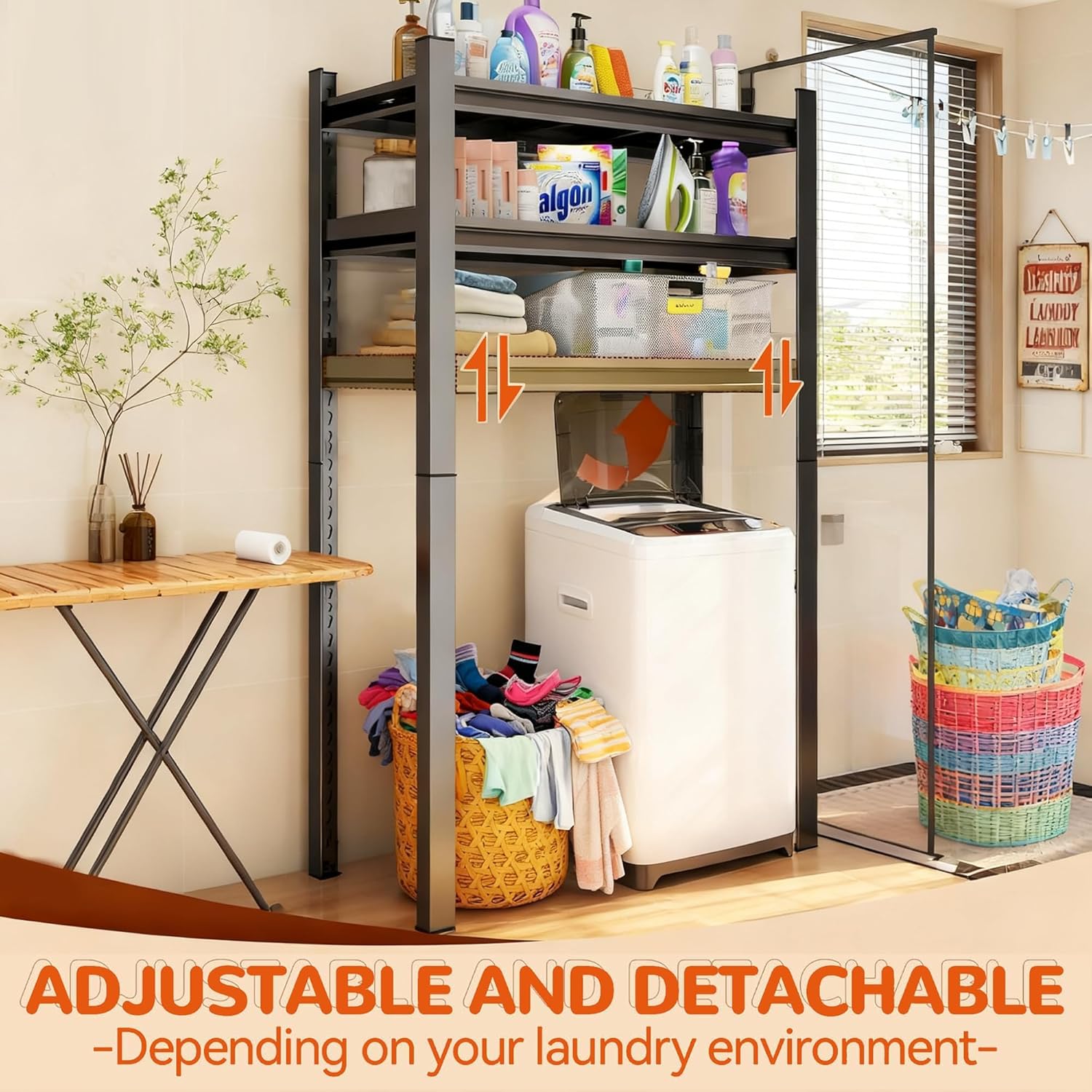 Over the Washer and Dryer Storage Shelf, Height-Adjustable Storage Shelf, 5-Tier Metal Organizer Rack for Washer Dryer, Sturdy Shelving Unit for Kitchen, Apartment, Black (72"Hx31.5"Wx15.8"D)