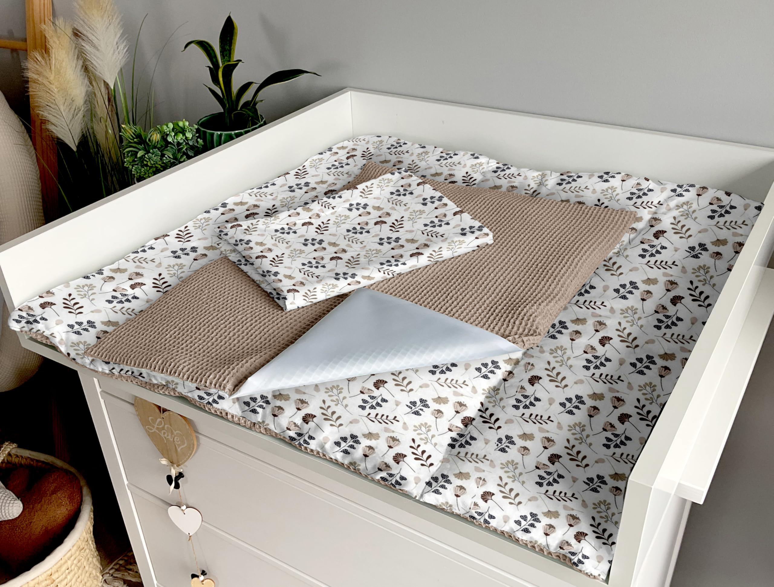 Wickelauflage Set 6-teilig – Wickelunterlage aus Baumwolle & Waffelstoff – Baby Wickelauflage – Geschenk zur Babyparty – Wickeltischauflage – 75x75 cm (Breite x Tiefe), Zweige und braun