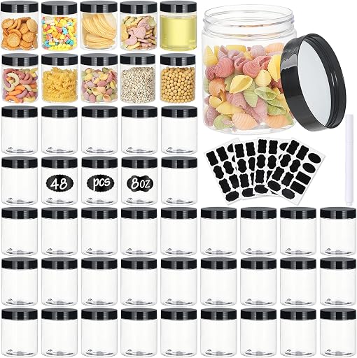 Jars with Lids, 48pcs 8 oz Plastic Containers with Lids Pen Labels Leak Proof BPA Free Airtight Refillable Clear Small Containers Storage Jars for Storing Dry Food Makeup Slime Honey Jam (8oz Black