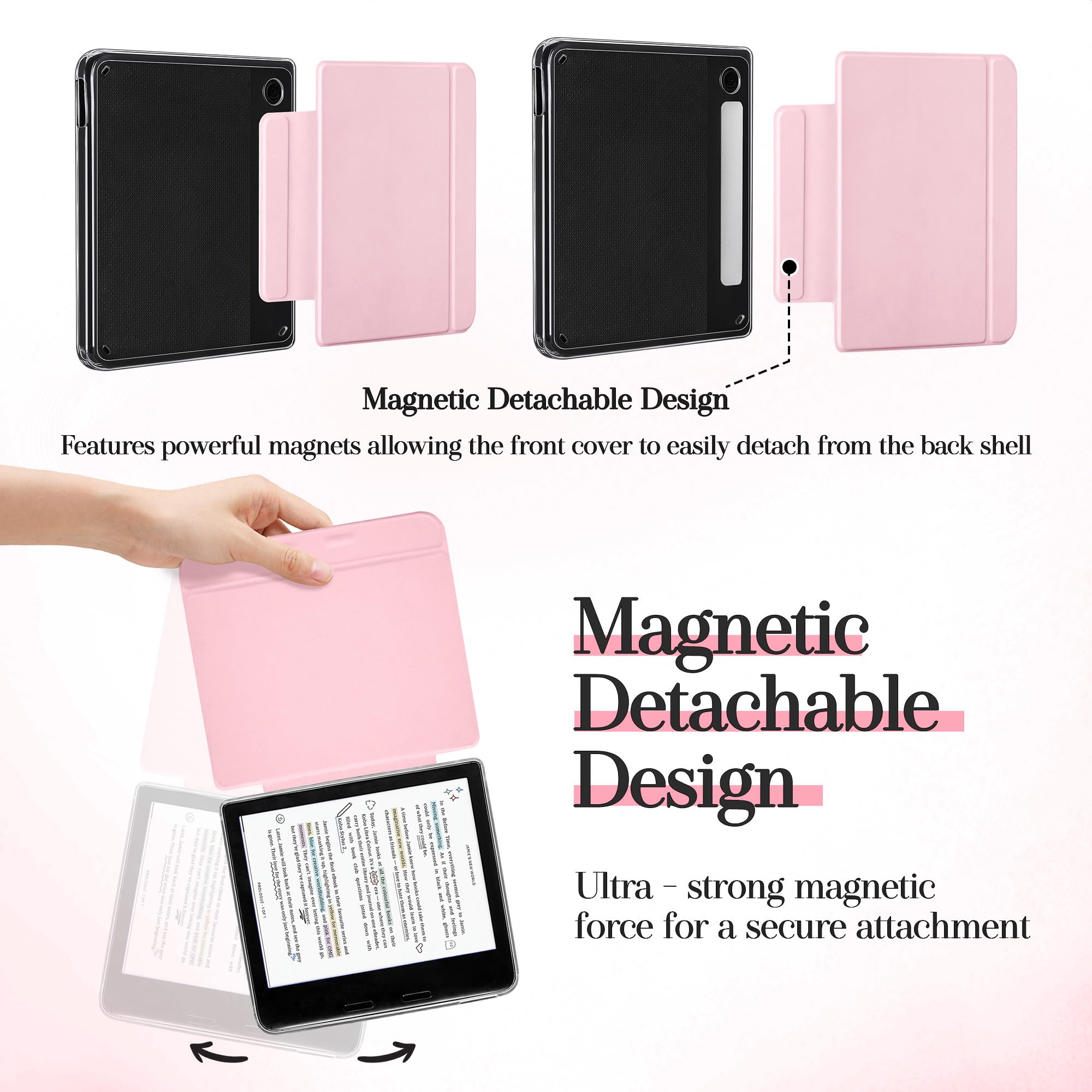 Magnetische abnehmbare Hülle für Kobo Libra Color (2024), schlanke PU-Lederhülle und ultraklare TPU-Rückseite mit automatischer Wake/Sleep-Funktion, Rosa