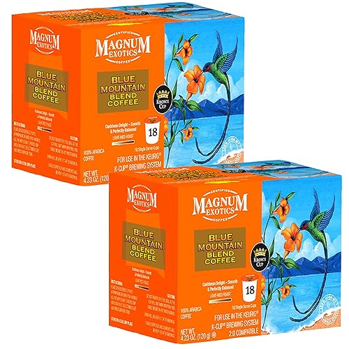 Magnum Exotics Coffee Blue Mountain Coffee Blend - Cápsulas de café molido tostado ligero y medio, una sola porción, hecho con granos de café 100%