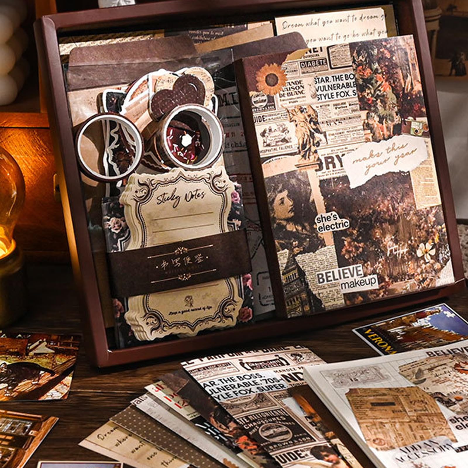 RANYAKE Estetyczny zestaw do scrapbookingu, zestaw dziennika śmieci w stylu vintage, zawiera kwadratowy notatnik A6, naklejki, akcesoria materiałowe do scrapbookingu, do dekoracji, rękodzieła, 260 szt
