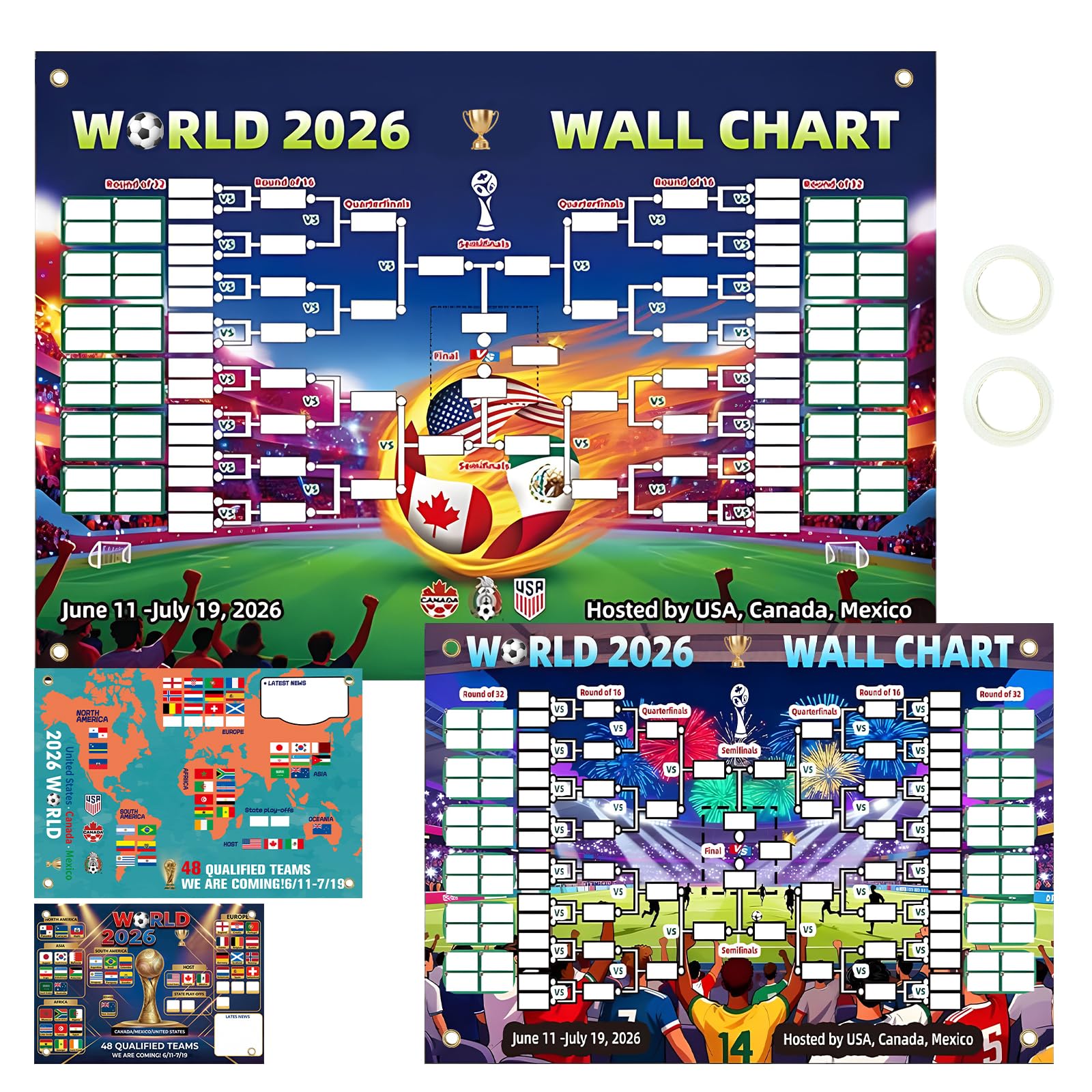 2PCS 2026 International Football Cup Schedule Poster, Double-sided 2 Size Extra Large Wall Chart, 2026 Merchandise for Fans Gift, 2-in-1 Team Match Progress Calender Posters for Party Decorations