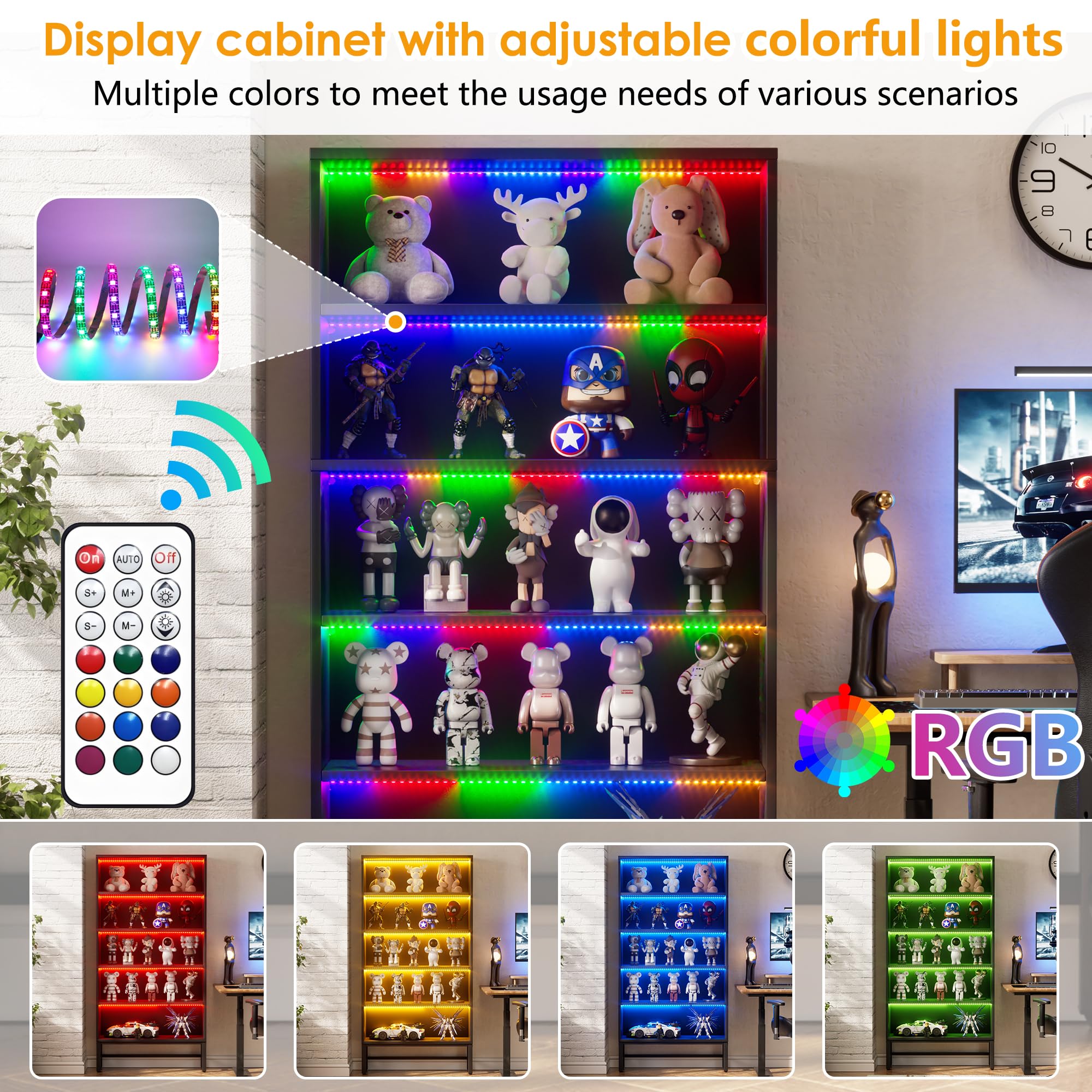 Vetrinetta Espositiva Mobile vetrina con illuminazione a LED Armadio da Collezione a 5 Strati Moderna Mobile Vetrina Vetrina Soggiorno per Statuette, Salotto, Bar,Camera da letto e Ufficio 90*30*178CM