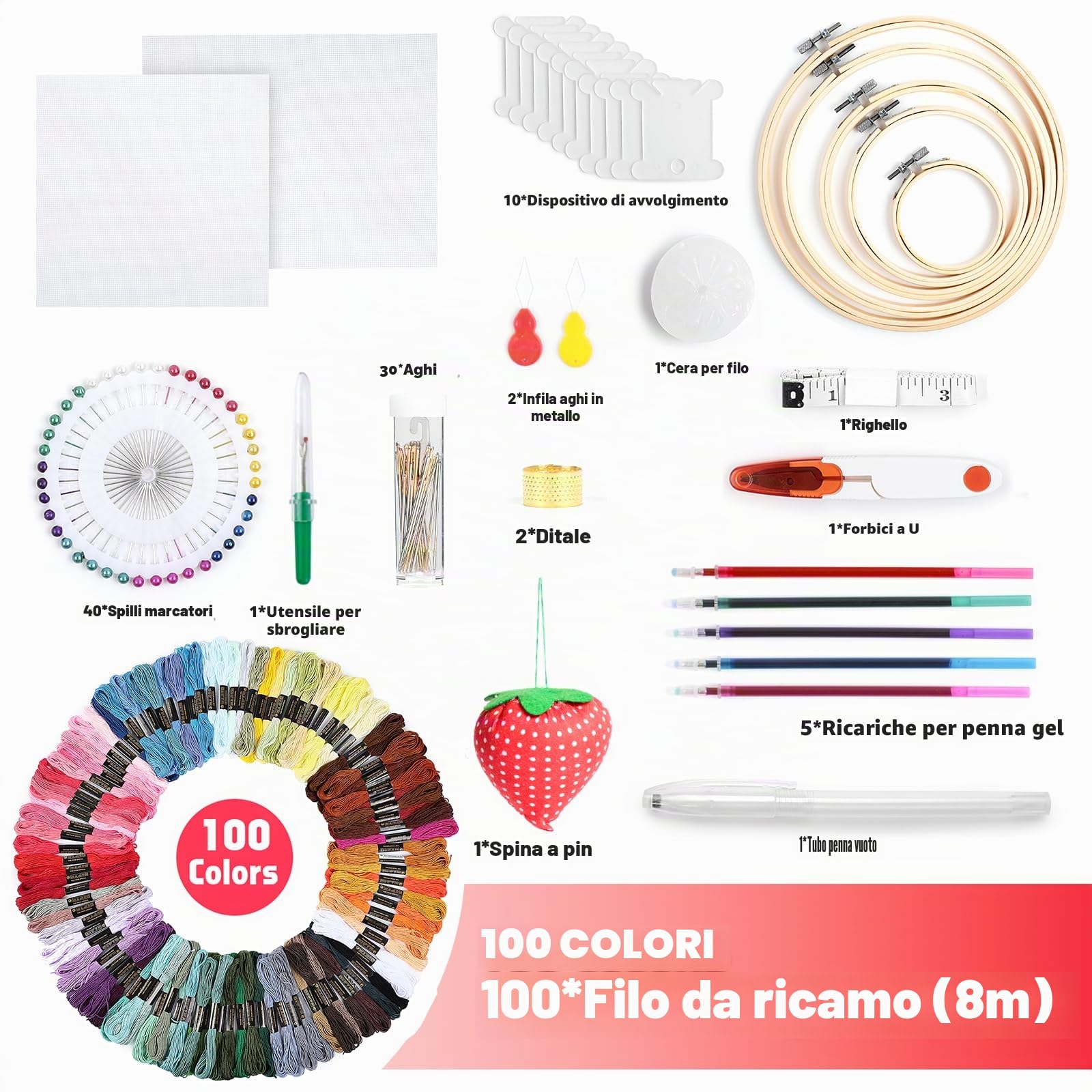 Romon Filo da Ricamo, Kit da Ricamare Braccialetti Kit Punto Croce con 5 Cerchi In Bambù, 100 Fili Colorati, 3 Pezzi di Tela Aida e Strumenti per il Cucito