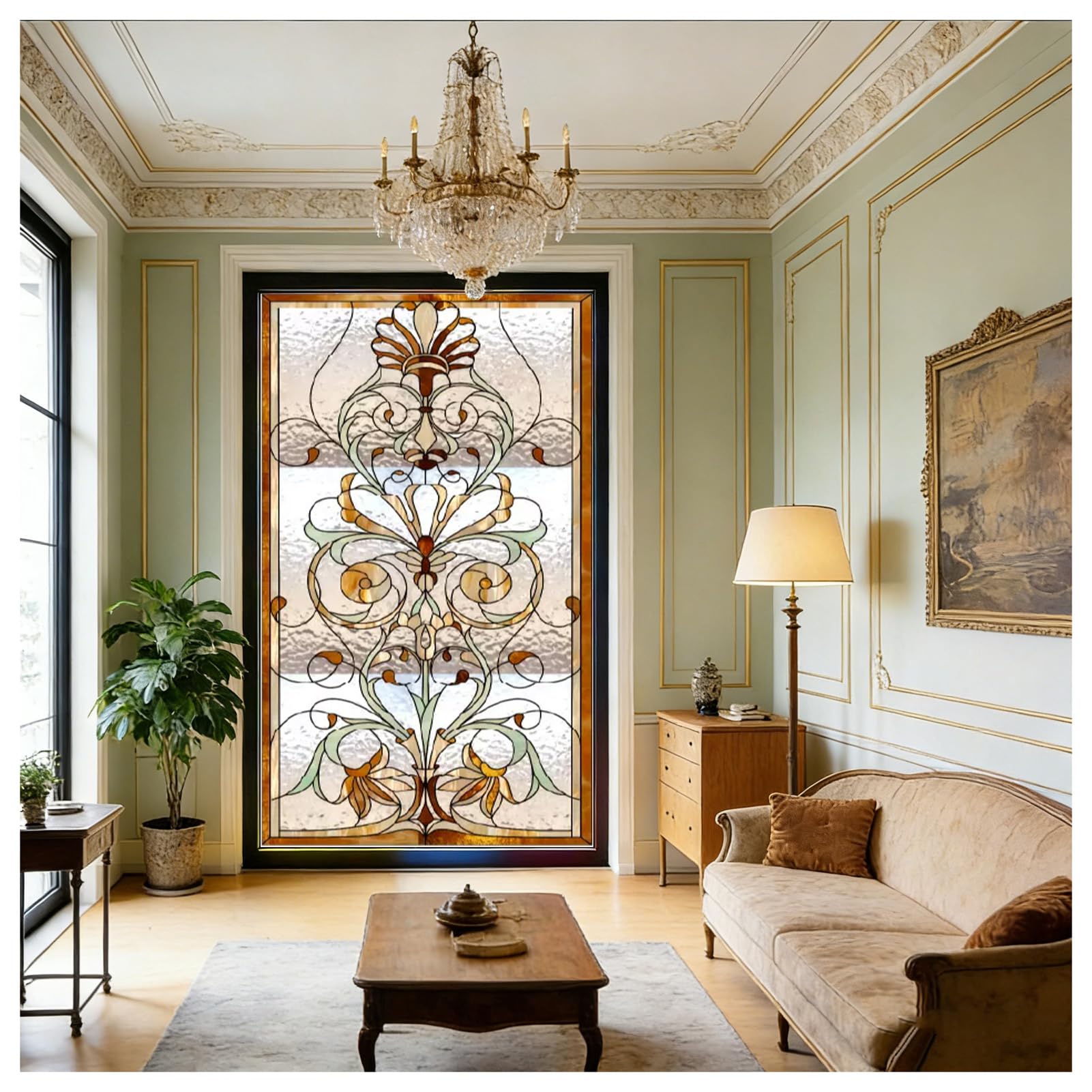 Tiffany Stil Jugendstil Sichtschuzfolie Dekorfolie Privatsphäre Milchglasfolie Statisch Haftend Bunte Kirche Fensteraufkleber für Privatsphäre Büro Badezimmer Schlafzimmer,Color 1,60x180cm