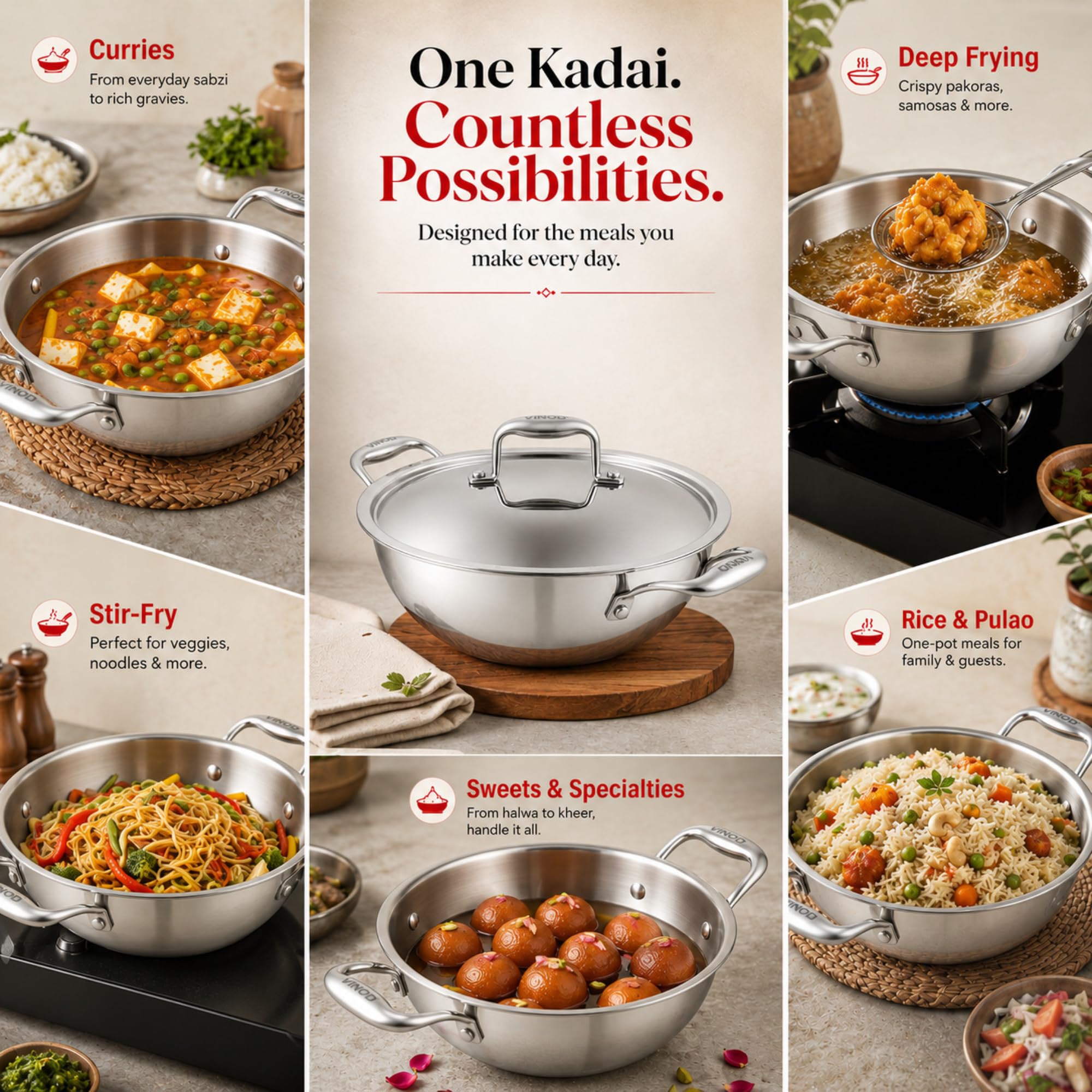 Vinod Stainless Steel Kadai - 28cm with Lid -7 Vinod Stainless Steel Kadai - 28cm with Lid -7