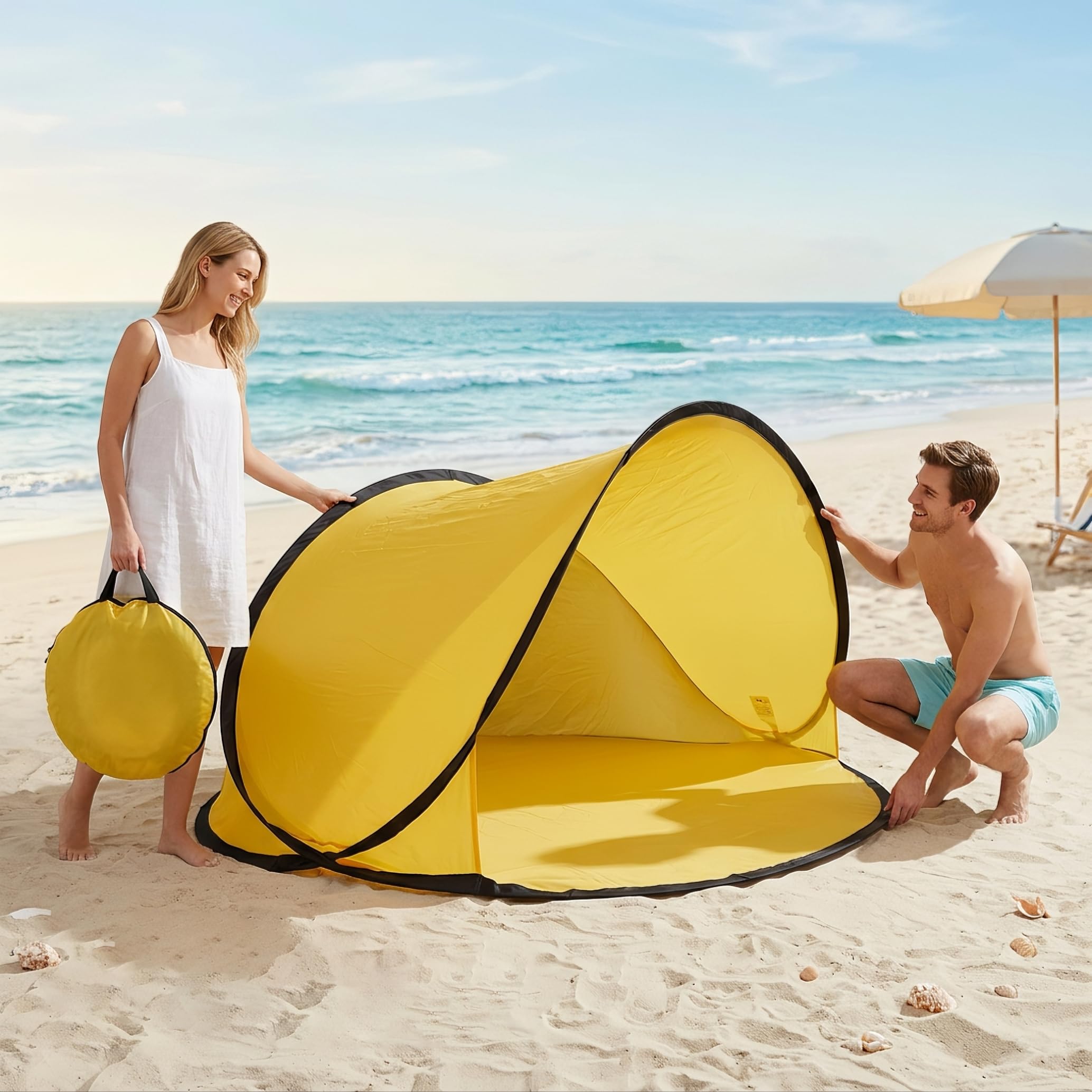 Tenda da spiaggia portatile, tenda con baldacchino pop-up a installazione istantanea, gialla
