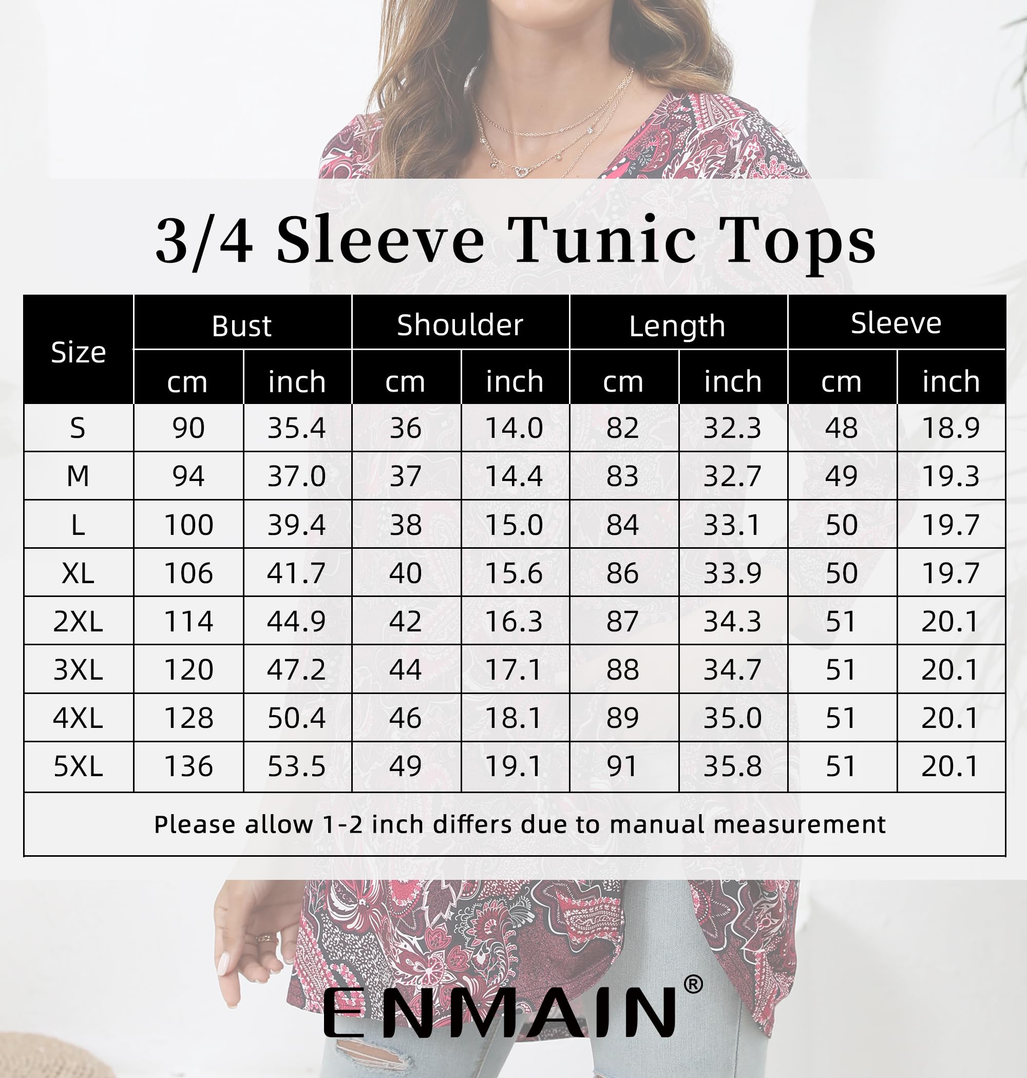 Enmain Maglietta Donna Manica Lunga Tunica Donna Maniche a 3/4 Scollo V Maglia Lunga per Leggings Elegante Stampata Paisley Tunica Taglie Forti Comfort Camicia