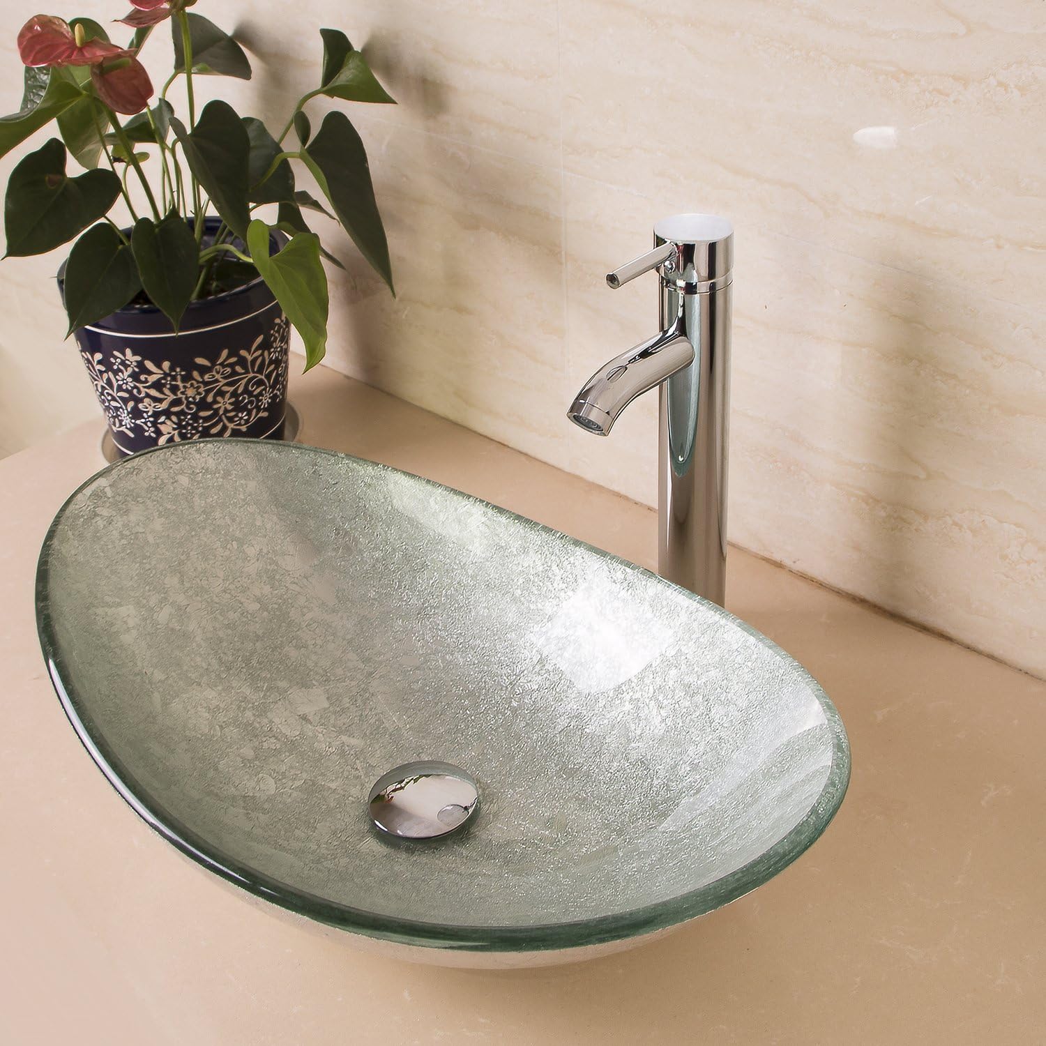 Artistic Boat Oval Sink Bowl Bathroom Glass Vessel Sink with Artistic Oil Rubbed Faucet & Drain