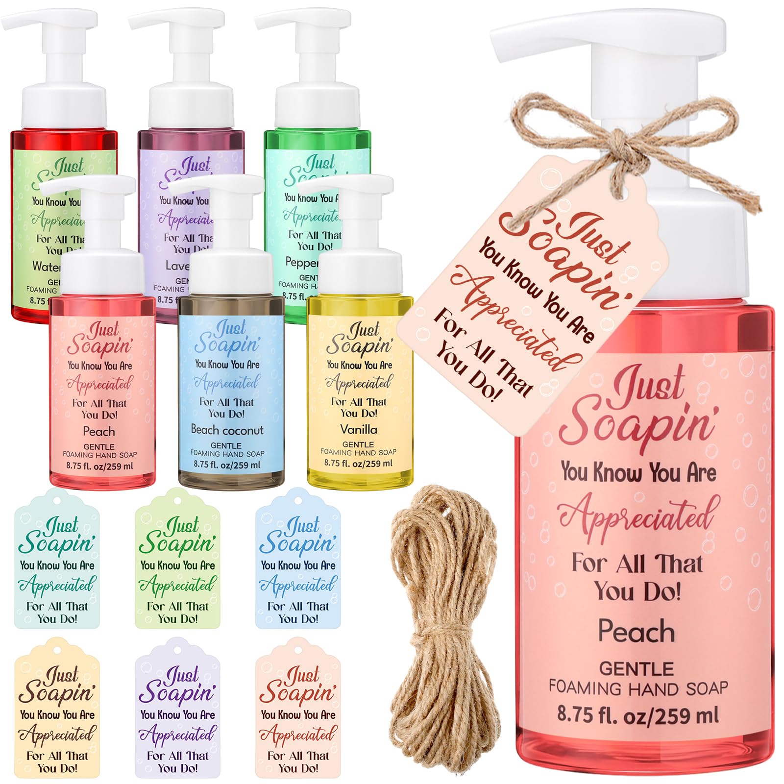 6 Pack Teacher Appreciation Foaming Hand Soap Gifts with Tags and Twine