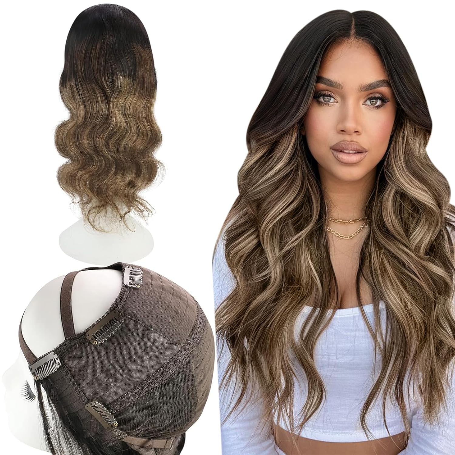 Ve Sunny U Part Hair Wig Wavy Human Hair Extensions Clip in One Piece U-Shape Part Half Wig Clip in Hair Extensions Body Wave Black Ombre Half Part Wig 16inch 120g
