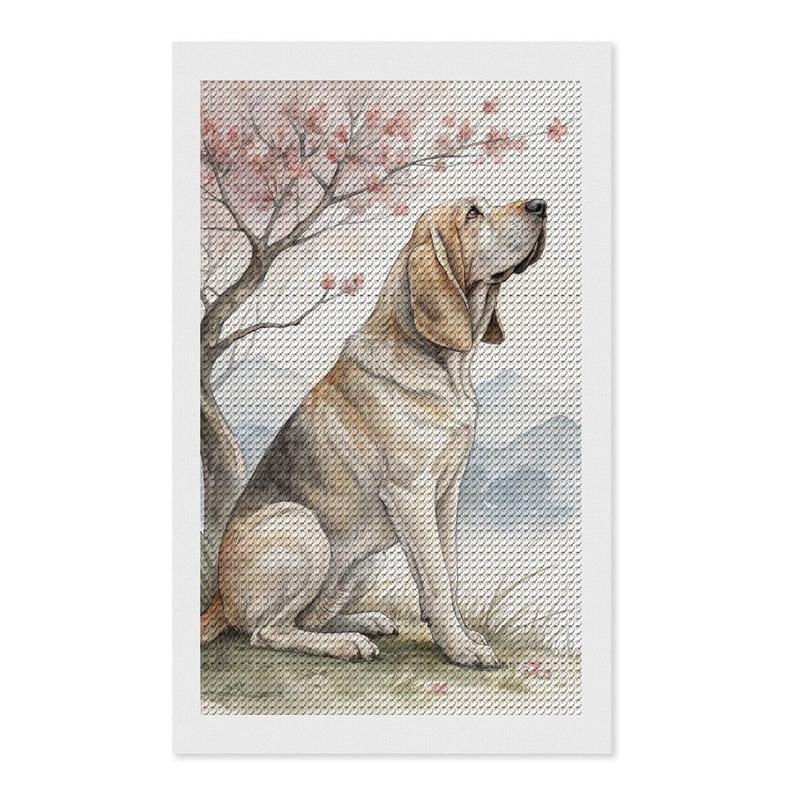 Junmoney Bloodhound Under A Cherry Blossom Tree Diamond Painting Canvas Set 12"x20", Full Kit Included, Calming Craft to Unwind, Farmhouse Decor, Christmas Gift
