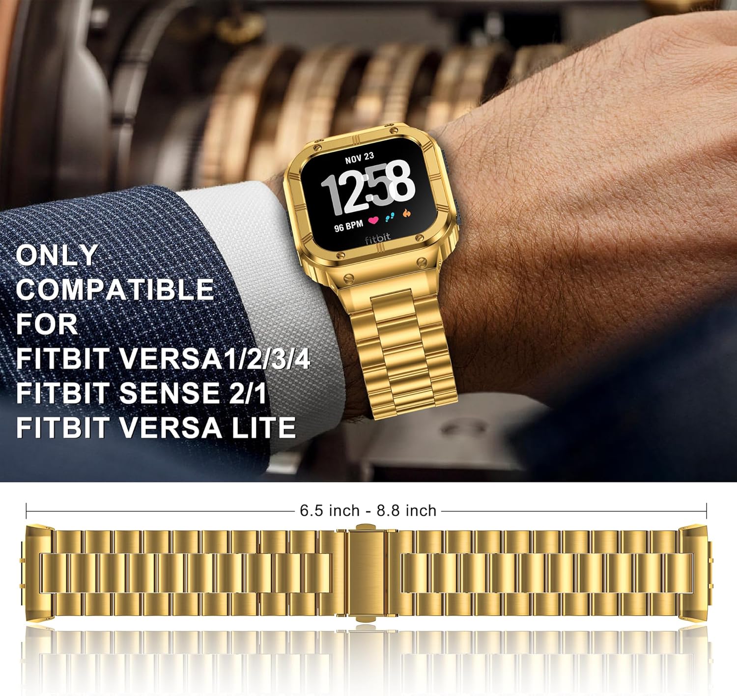 Stainless Steel Watch Bands with Case Compatible for Fitbit Versa 4/Versa 3/Versa 2/Versa 1/Fitbit Versa Lite/Fitbit Sense 2/Sense 1,Rugged Metal Strap for Men with Protector Case Bumper Cover