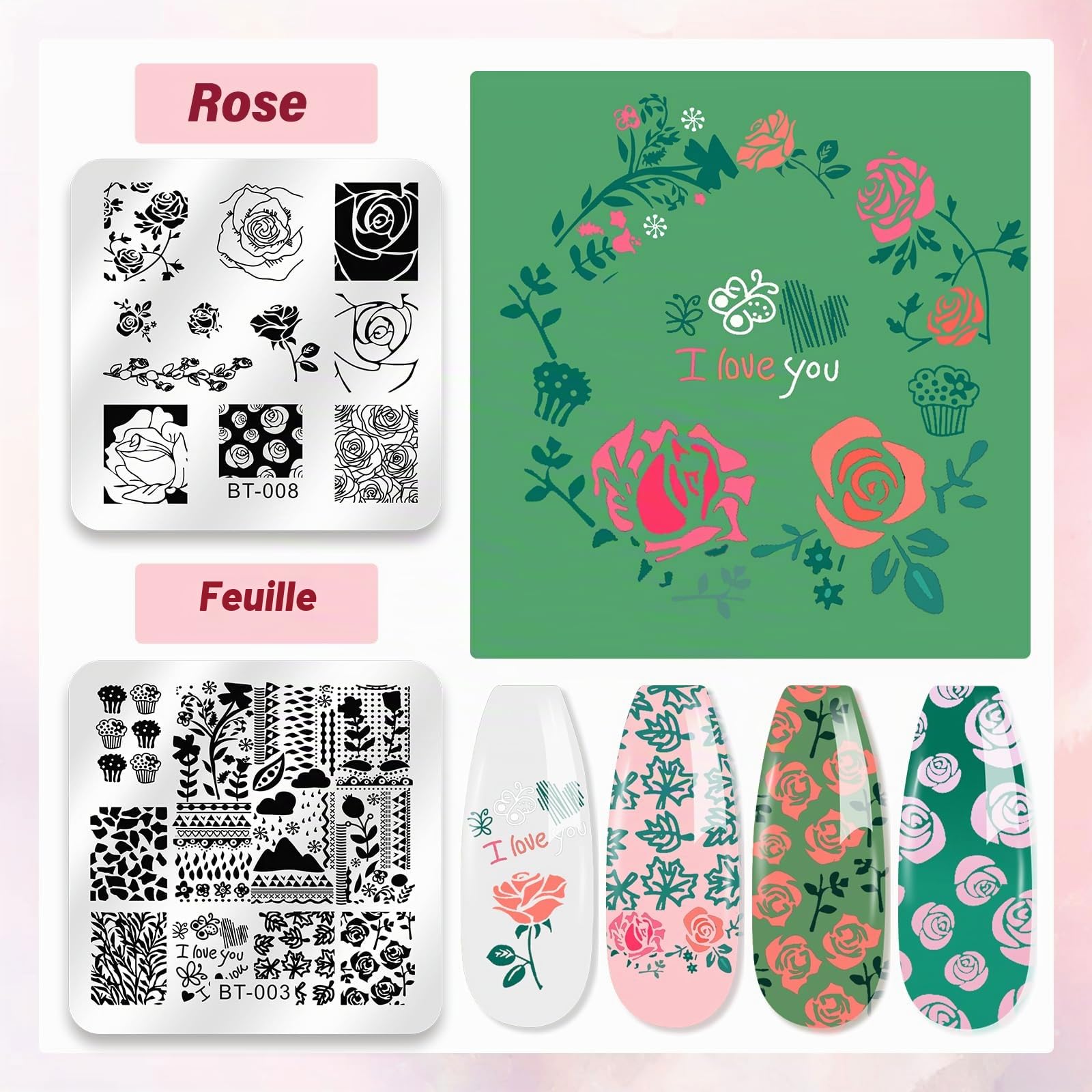 Biutee Set de Stamping Nail Art Kit d'estampage d'ongles 15 pièces modèles d'art d'ongle avec motifs d'animaux, de feuilles et de fleurs 1 Tampon 2 Grattoir 1 Paquet de Cartes