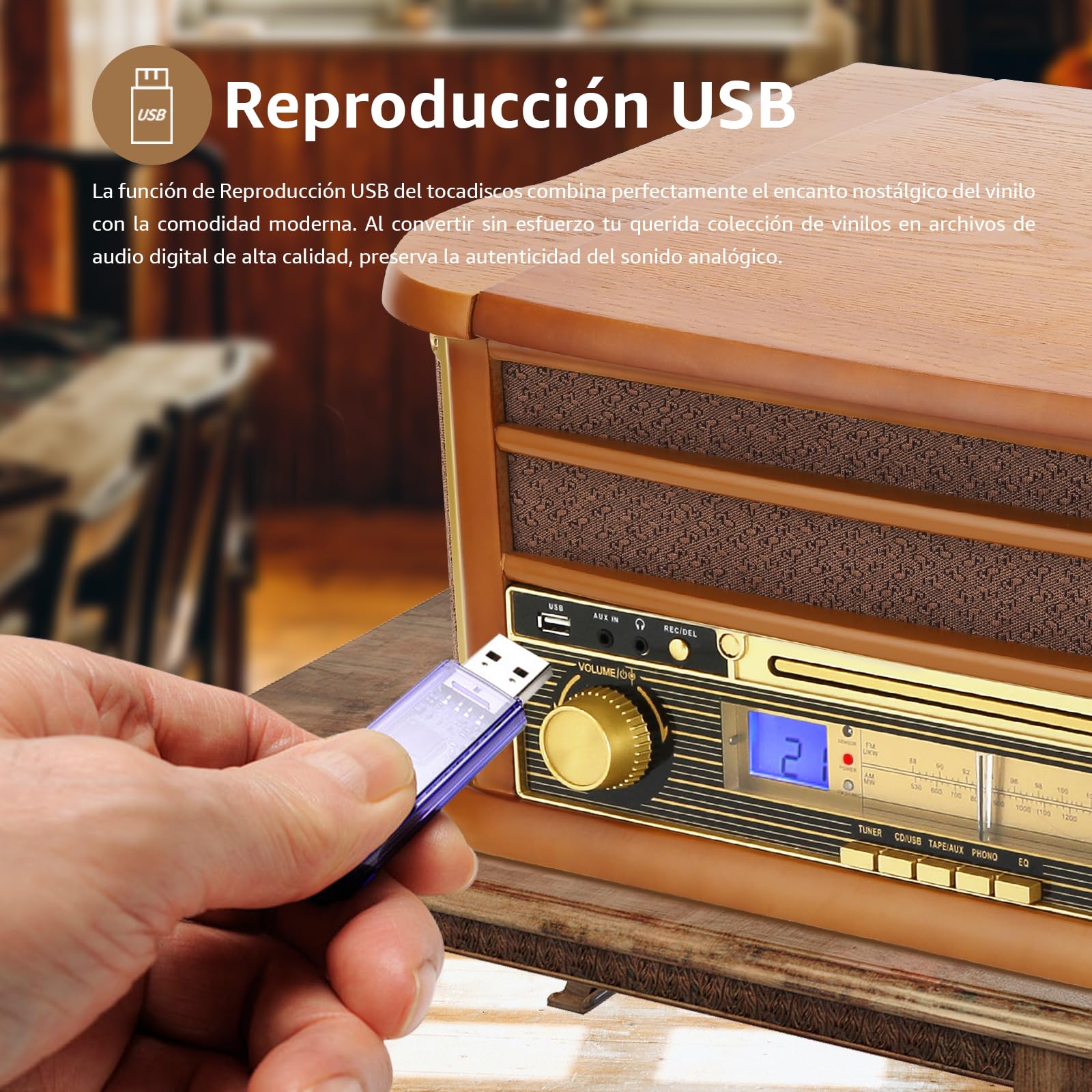 Tocadiscos de Vinilo Vintage Bluetooth inalámbrico de 3 velocidades con Radio fonógrafo Am/FM con Conector de 3,5 mm, CD/Cassette, Entrada Auxiliar/Salida RCA, reproducción USB