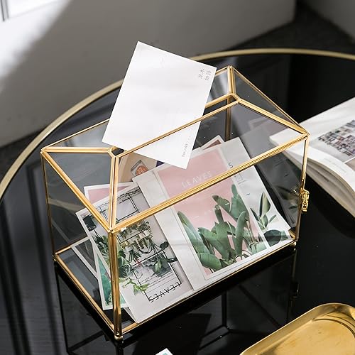 Miniatura 3 de Vellon Caja de tarjeta de regalo de boda transparente con cerradura, caja de cristal dorado de seguridad mejorada para boleta, donación,