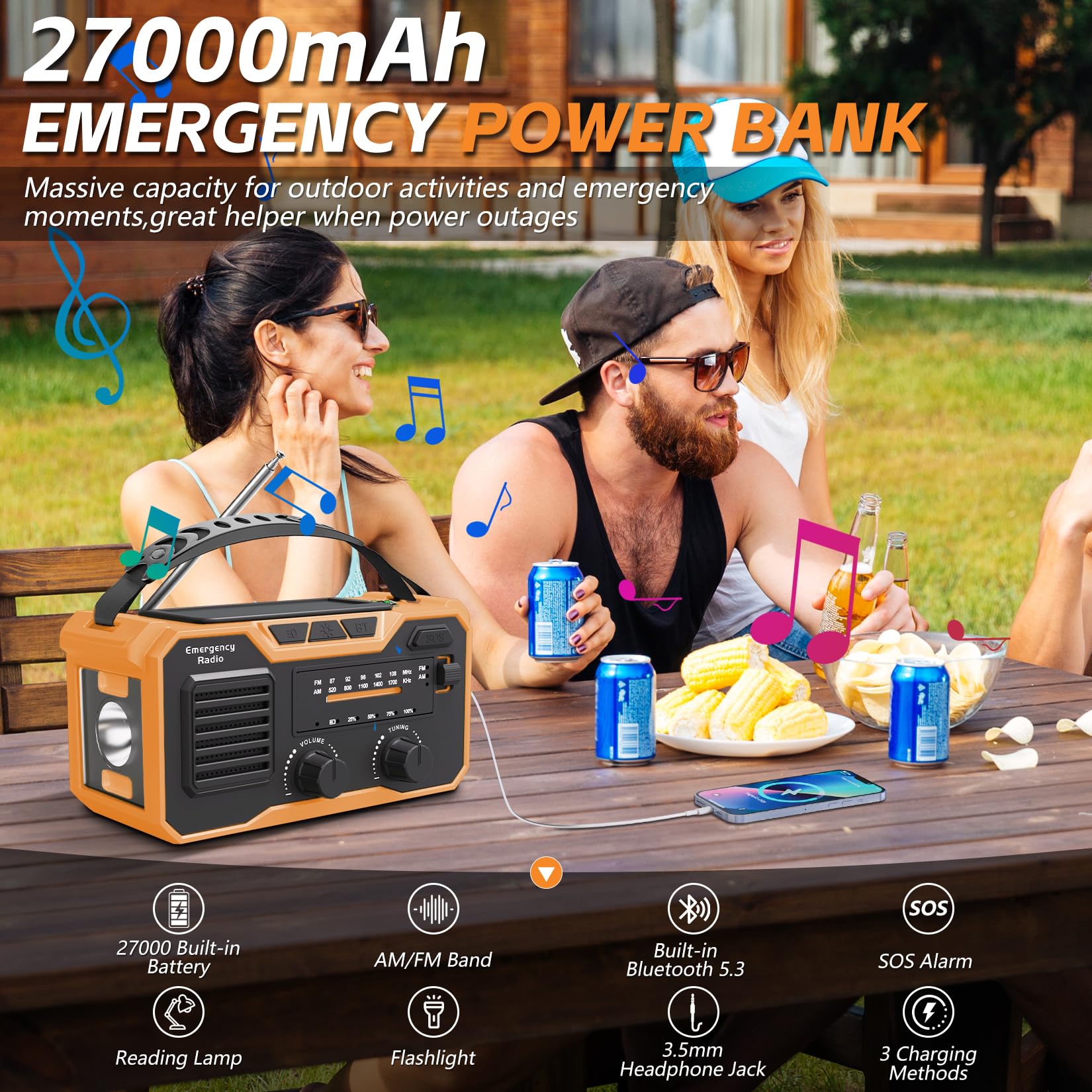 27000mAh Radio Emergencia, FM/Am Radios Solar y Recargable con Bluetooth 5.3/Alarma SOS/Brújula/Linterna, Radio De Dinamo para La Preparación Al Aire Libre para Desastres Naturales (Naranja)
