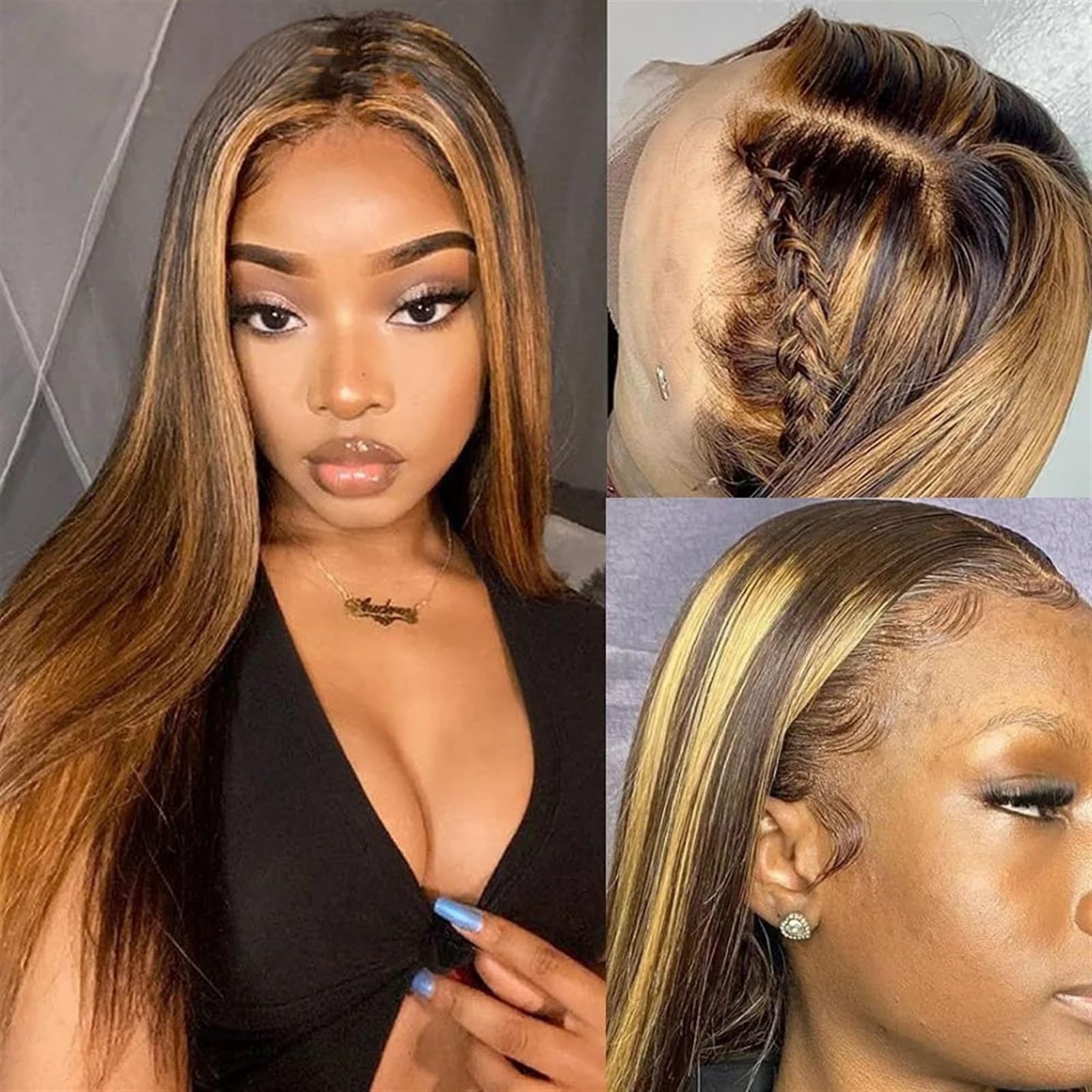 Perücken Highlight Lace-Front-Perücke, Echthaar, 4/27 Ombre, glattes Haar, Spitzenperücke, 13 x 4 x 1, T-Teil, Lace-Frontal-Perücken, brasilianisches Remy, vorgezupft, mit Babyhaar Frauen Perücke (Si