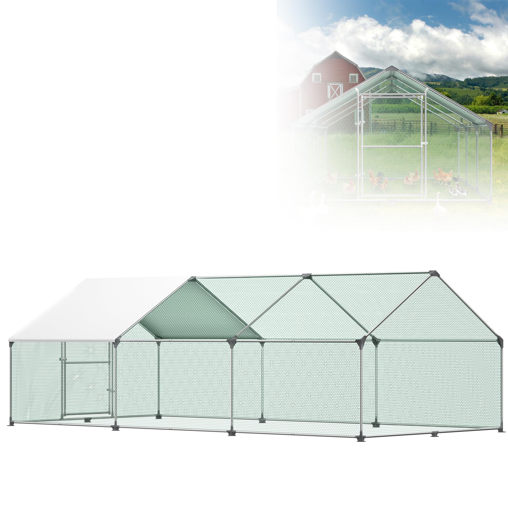 Hühnerstall Freilaufgehege 3x6x2 m mit PE-Dach, Outdoor Tiergehege für Hühner Kaninchen Kleintiere Hunde, wetterfestes Kleintiergehege
