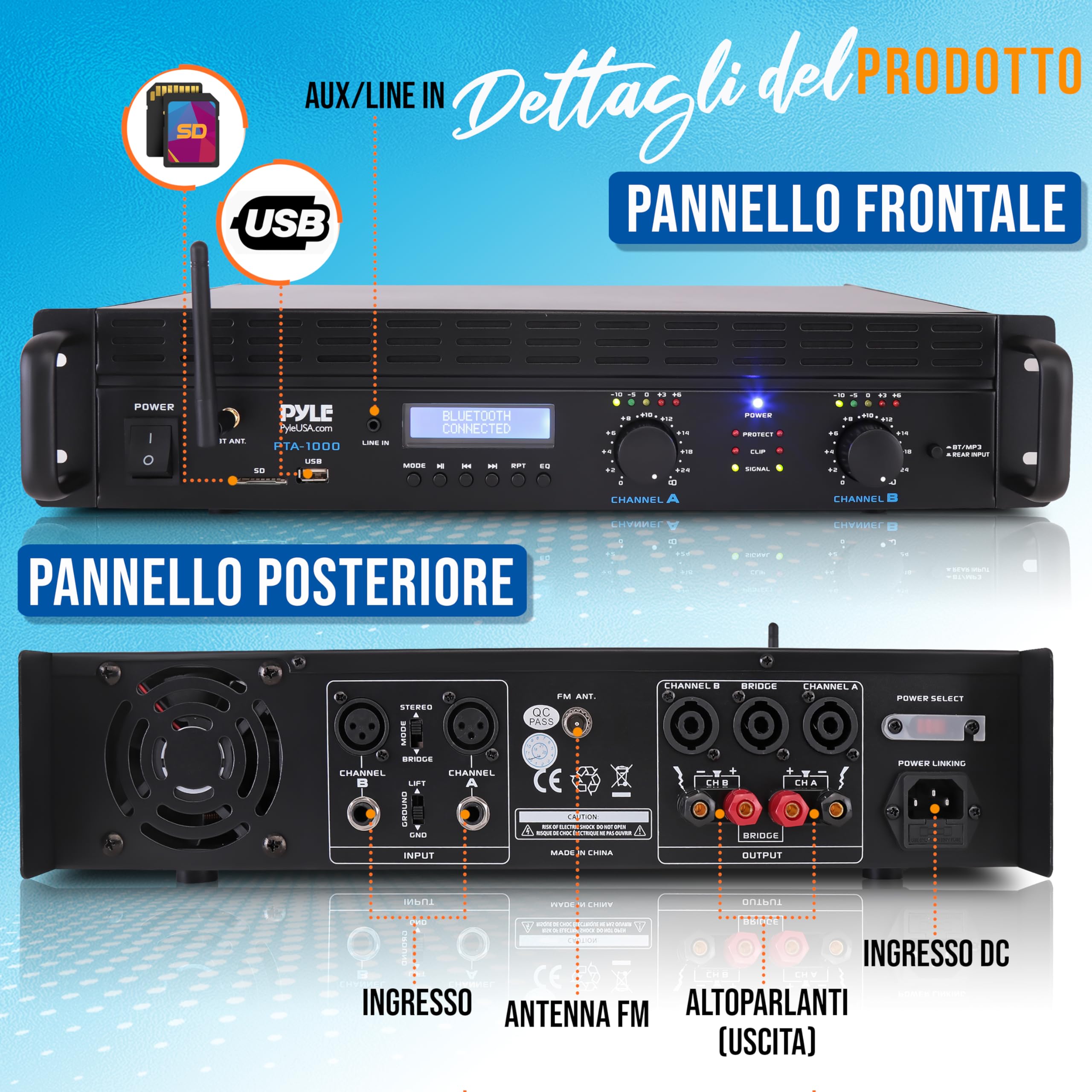 Pyle Amplificatore Audio Potenza Bluetooth a 2 Canali, 2000 Watt Amplificatore Pro Audio Rack Mount
