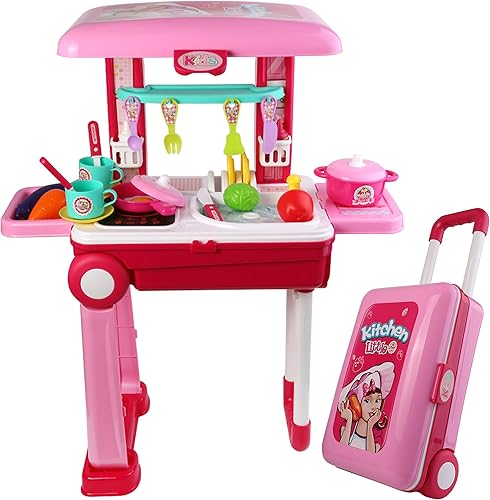 Juego de juguetes de cocina para niños, juego de cocina para niñas, color rosa con juego de accesorios de 24 piezas, luces reales y sonidos