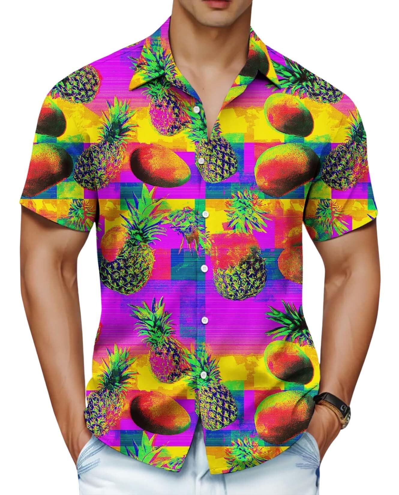 Mens Unique Pattern Hawaiian Shirt Summer Vacation Cruise Tee with Fruit Print Beach Tropical Button Up Shirts