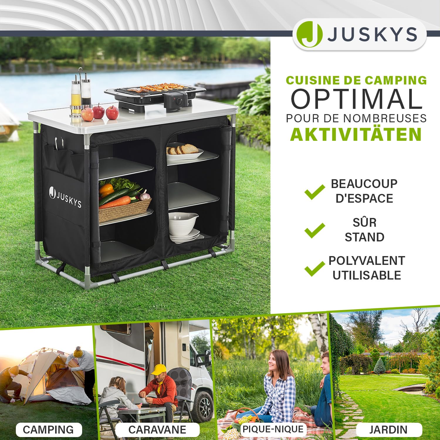 Juskys Cuisine de Camping Pliable avec Sac de Transport - étanche, Inoxydable - Cuisine de Camping extérieure Armoire de Camping Pliable - Cuisine Pliable avec Armoire