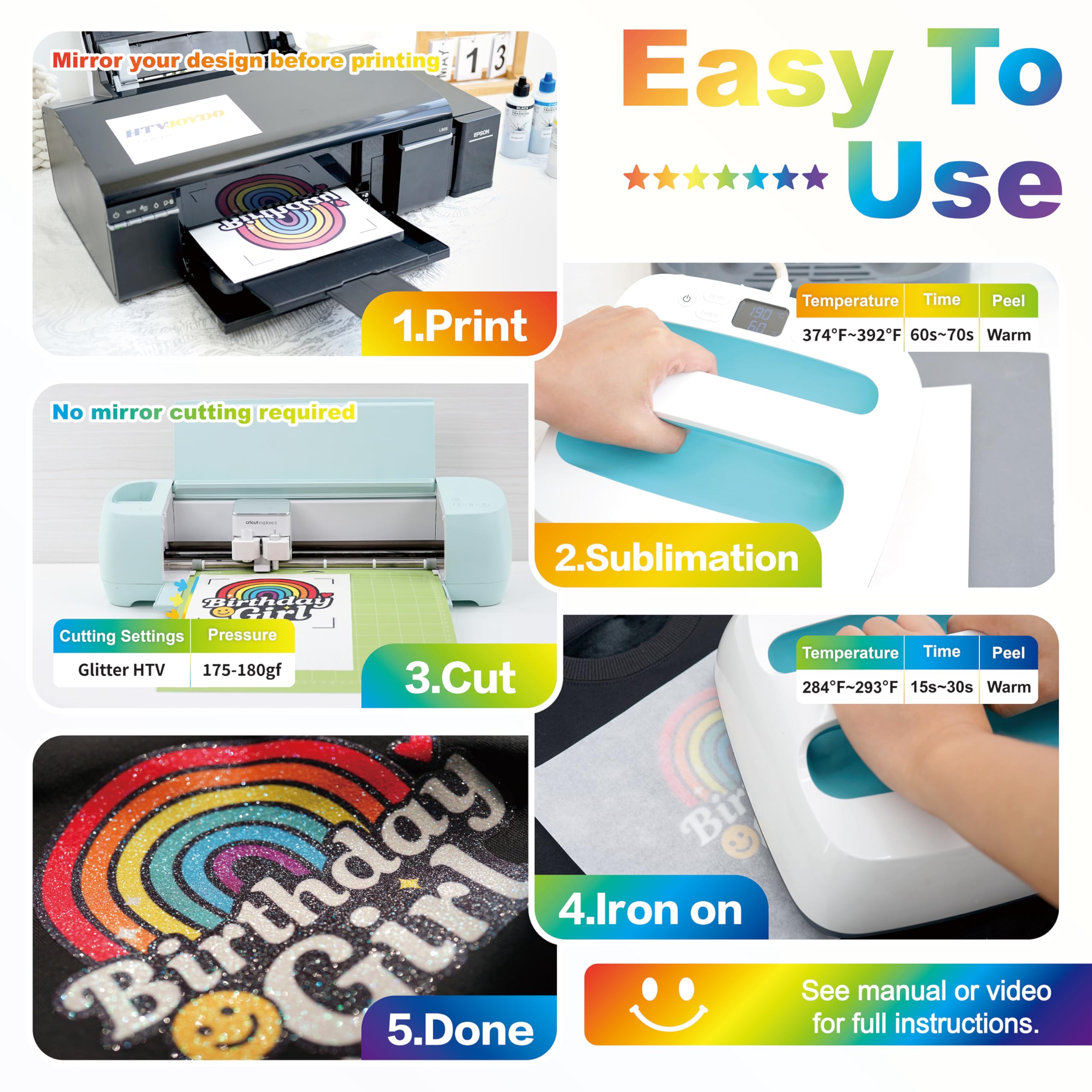 Combo HTVJOYDO sublimowalny biały brokat HTV winyl termotransferowy i papier sublimacyjny do drukowania, 6 arkuszy po 20 x 30 cm, naprasowanie do jasnych i ciemnych tkanin, rękodzieło, kolorowe