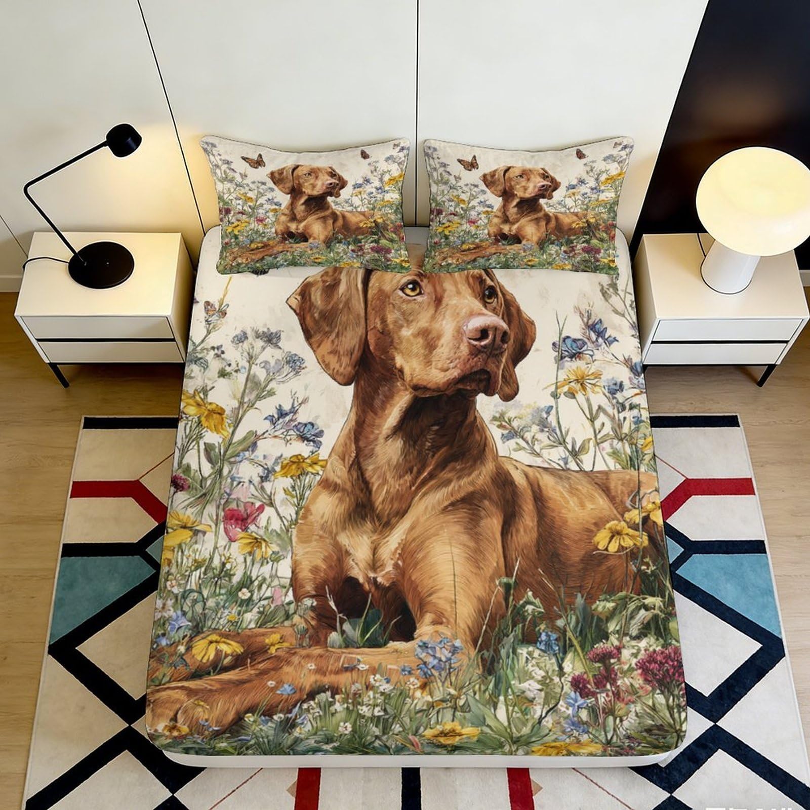 3D Printed Brown Dog in Wildflower Fitted Sheet Microfiber Non Slip Bed Sheet for Bedroom Guestroom Decor 90x200x25cm