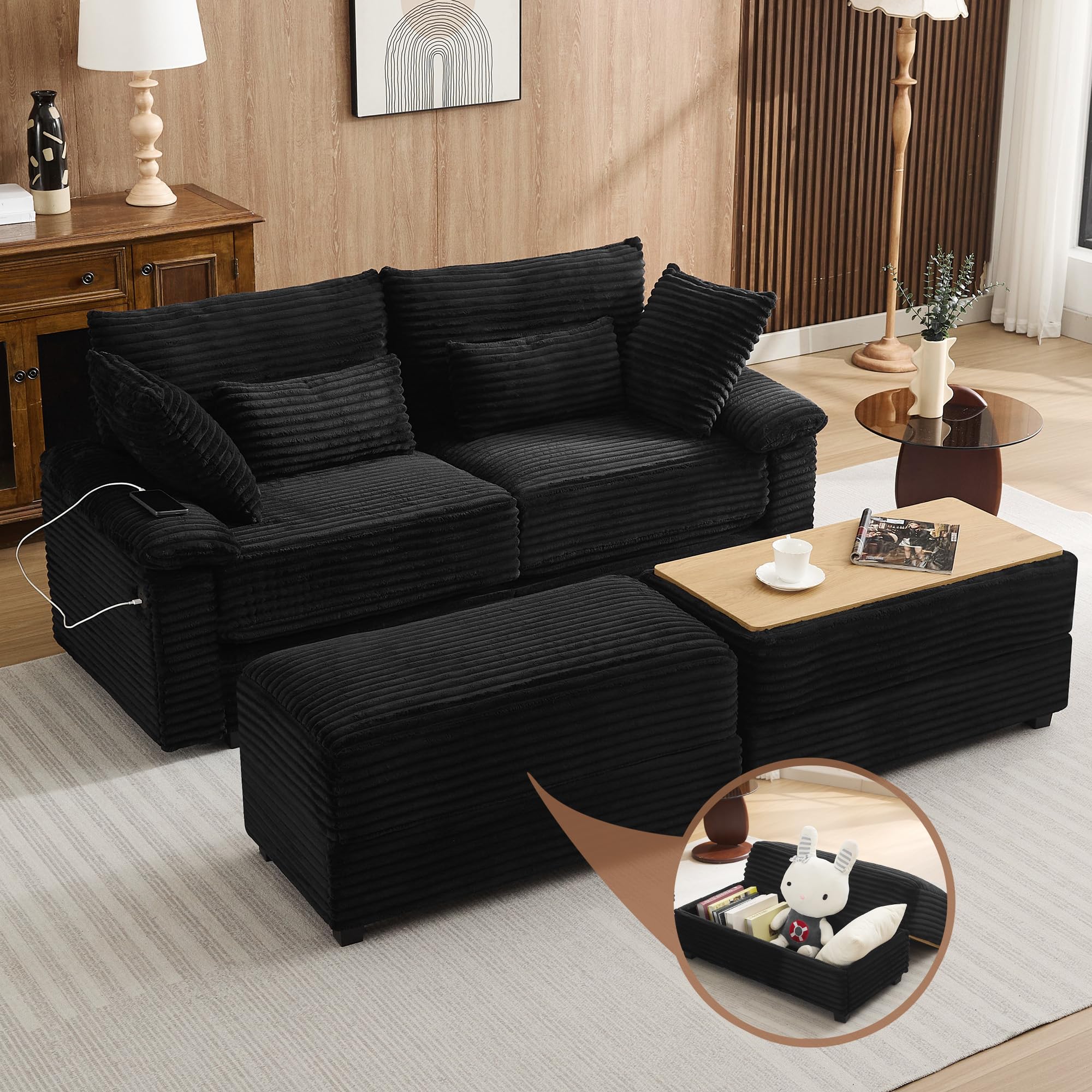 Hatppto Corduroy Loveseat with Storage Ottoman