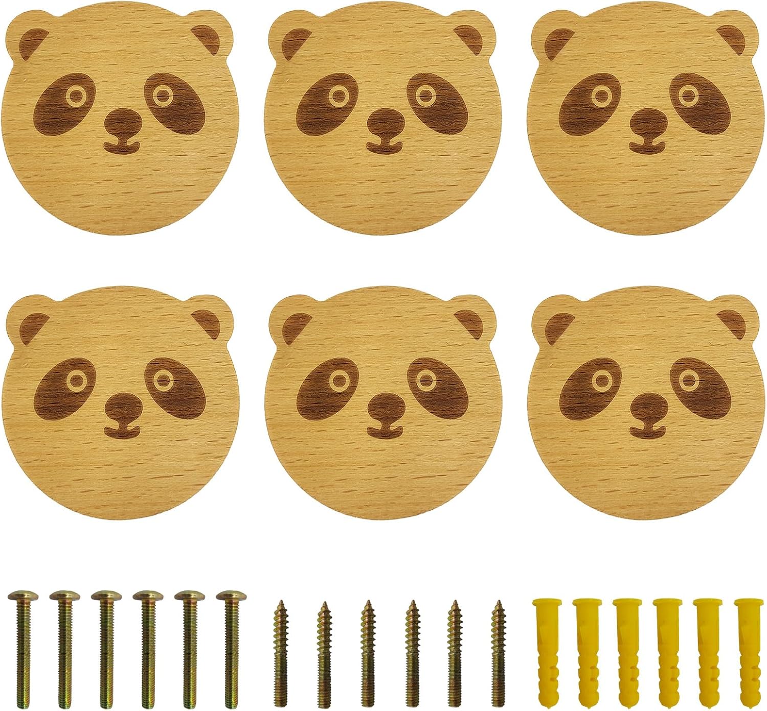 6PCS Wooden Panda Shaped Cabinet Knobs, Cabinet Handles, Single Hole Beech Wood Handles, Wood Hooks with Full Set of Screw Accessories