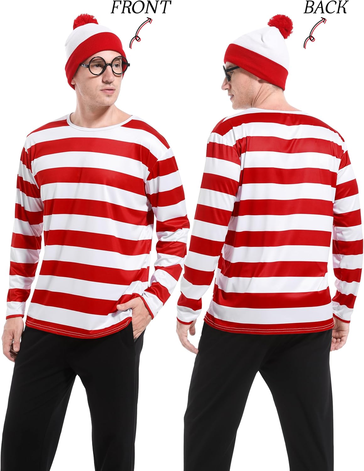 3 Pieces Men Halloween Costume Set, Adult Cosplay Costumes Red and White Striped Shirt with Hat and Nerd Glasses - Image 4