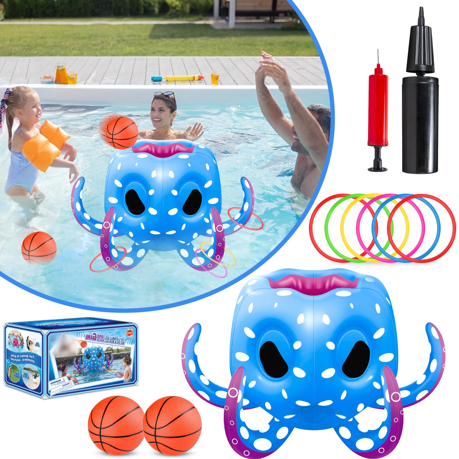 BLOOLILIES Octopus Pool Toys for Kids Ages 4-8, 2-in-1 Inflatable Pool Floats Basketball Hoop & Ring Toss Water Games for Indoor & Outdoor Pool, Beach, Backyard- Best Summer Gift for Boys Girls