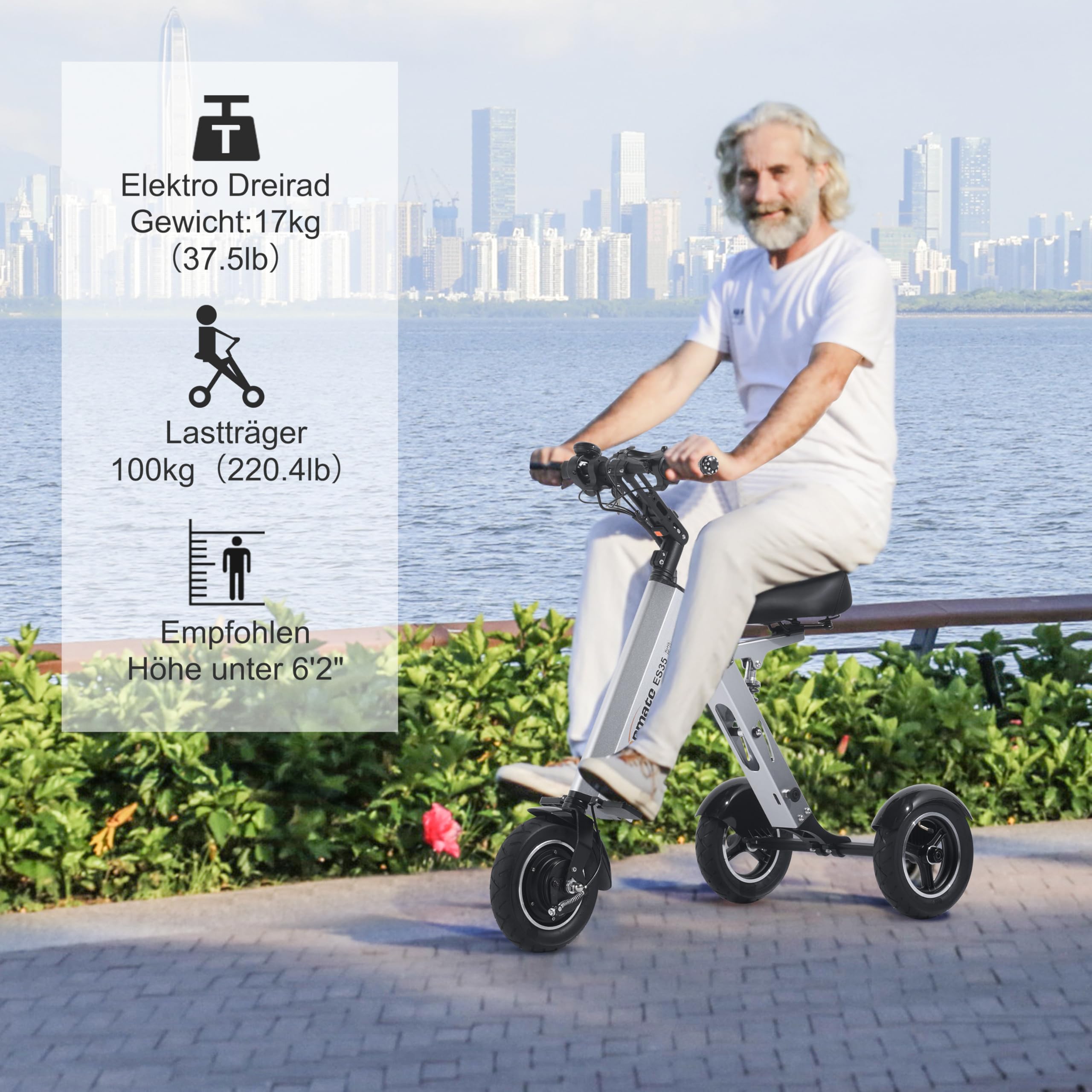 TopMate 3-Rad-Mobilitätsroller für Erwachsene mit Sitz, Leichter Elektro-Dreirad mit Abnehmbarem 36-V-7,8-Ah-Akku, Rückwärtsfunktion und Schlüsselschalter