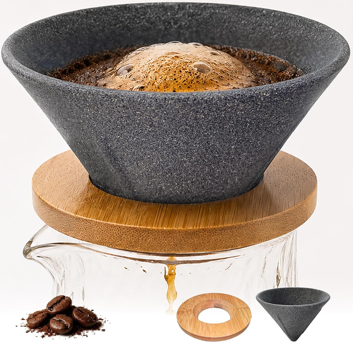 Reusable Drip Ceramic Coffee Filter With Premium Bamboo Tray, High Temperature Resistant, No Paper Pour Over Coffee Makers, Large Capacity for Home-Office-Travel Coffee Brewing