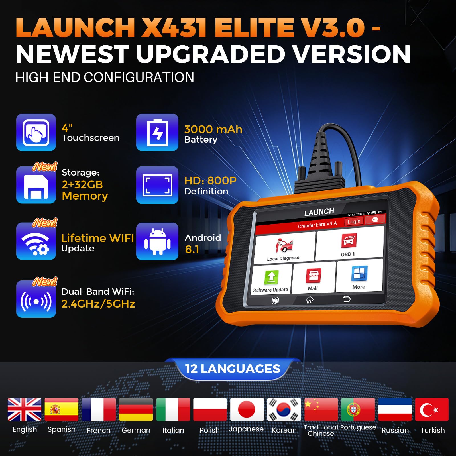 LAUNCH X431 Elite V3.0 OBD2 Diagnosi Auto di Tutti i Sistemi per Audi per V A G con 50+ funzione di reset, Controllo Bidirezionale Codifica ECU Online TPMS EPB DPF Aggiornamento a Vita