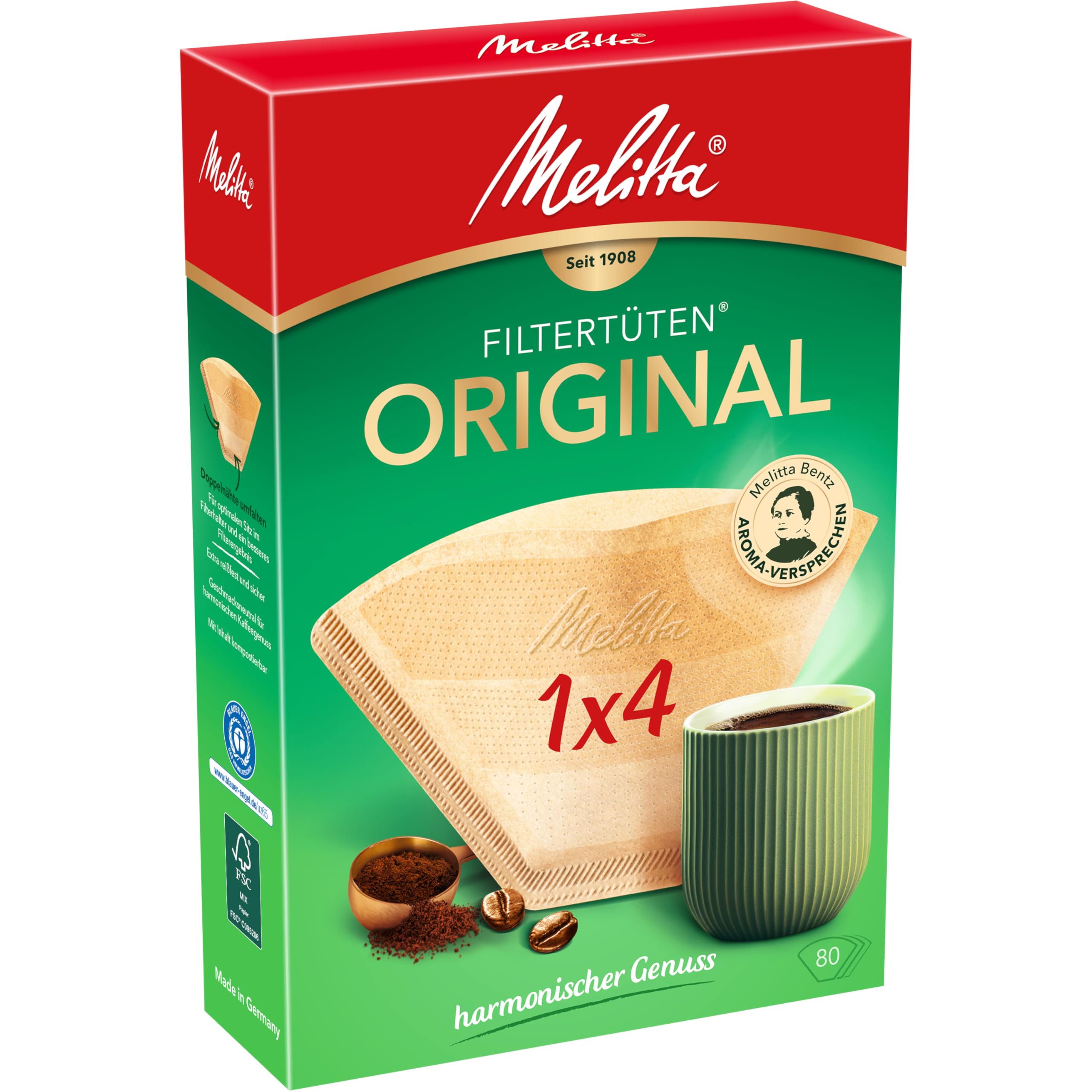 Melitta, 80 filtri per caffé, Dimensioni 1x4, Per caffettiera a filtri, Original, Scuro