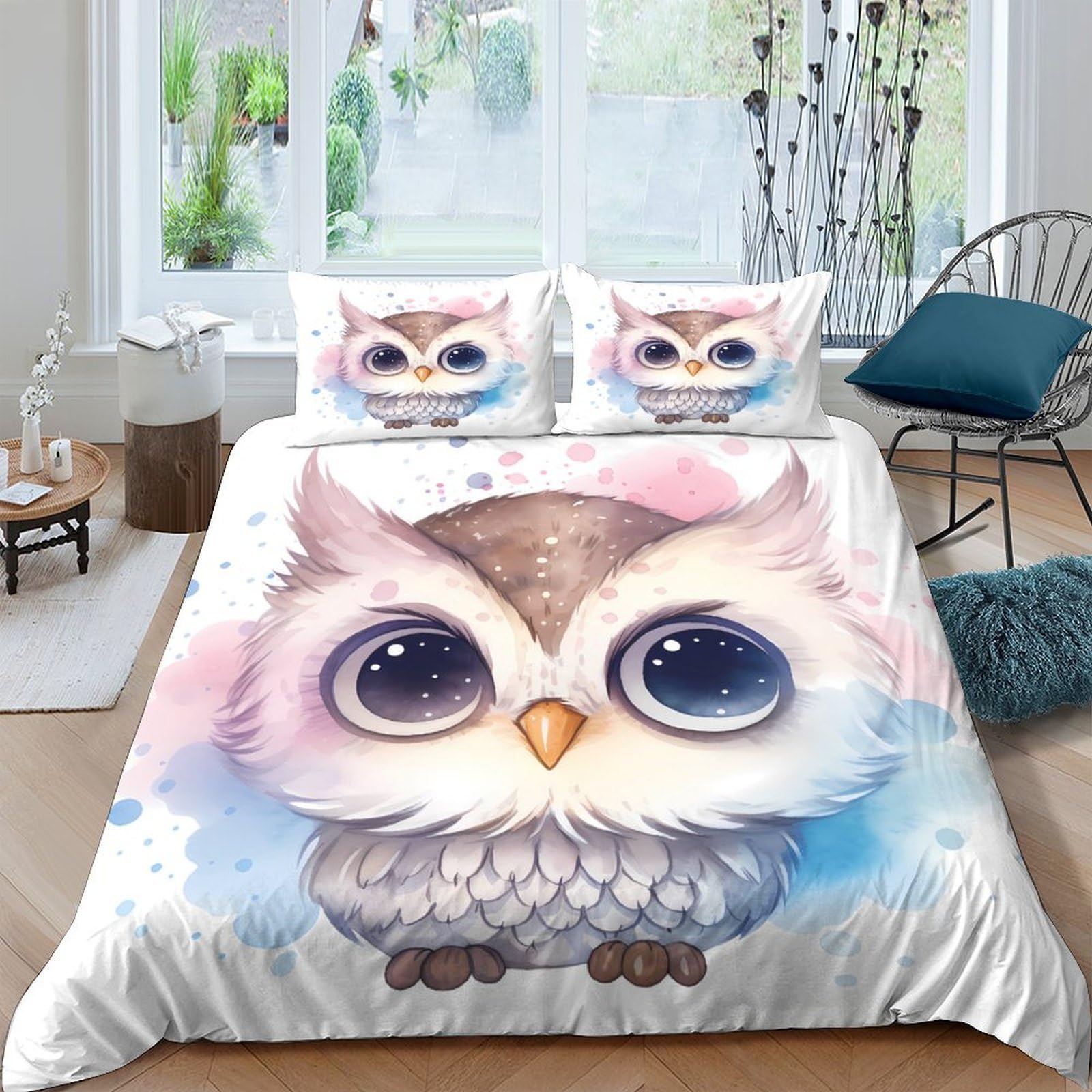 Parure de lit hibou en microfibre avec housse de couette 260x220 cm pour lit double