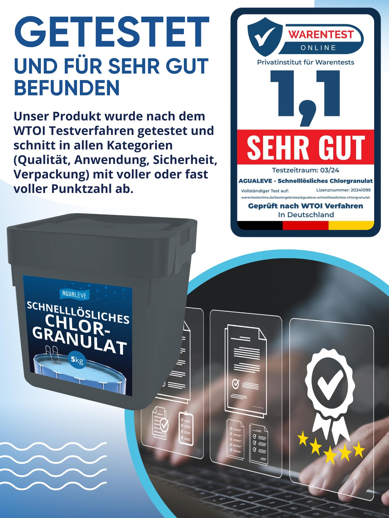 AGUALEVE® Chlorgranulat schnelllöslich 5kg *NEU* | Sichere und schnelle Desinfektion | Für Pools, Aufstellpools, Whirlpools, Planschbecken | Deutsche Markenqualität | mit Note 1,1 getestet