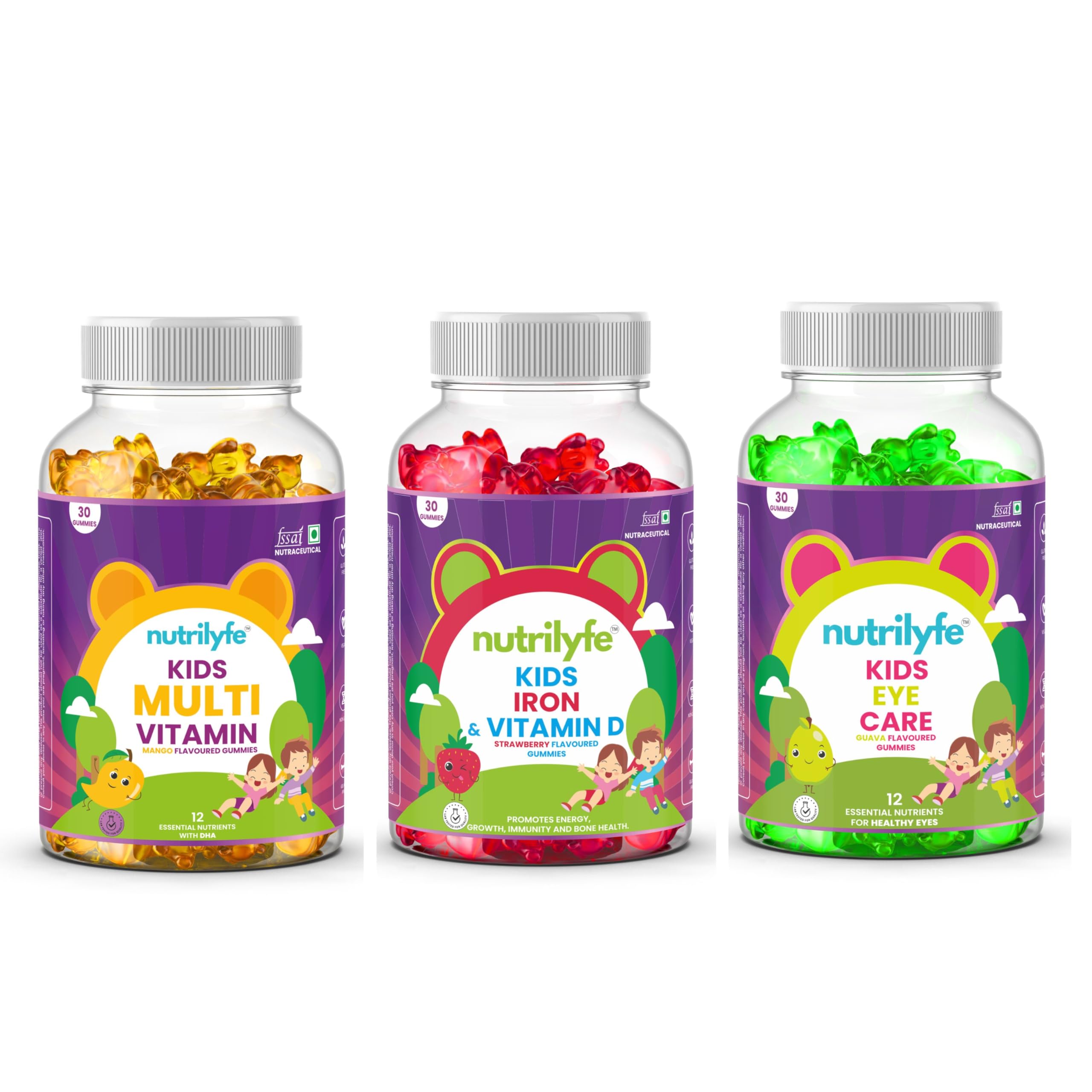 Combo of Complete Wellness Gummies for Kids | Mango Multivitamin, Strawberry Iron & Vitamin D and Guava Eye Care Flavours | Supports Overall Development | Nutritious Chewable Gummies