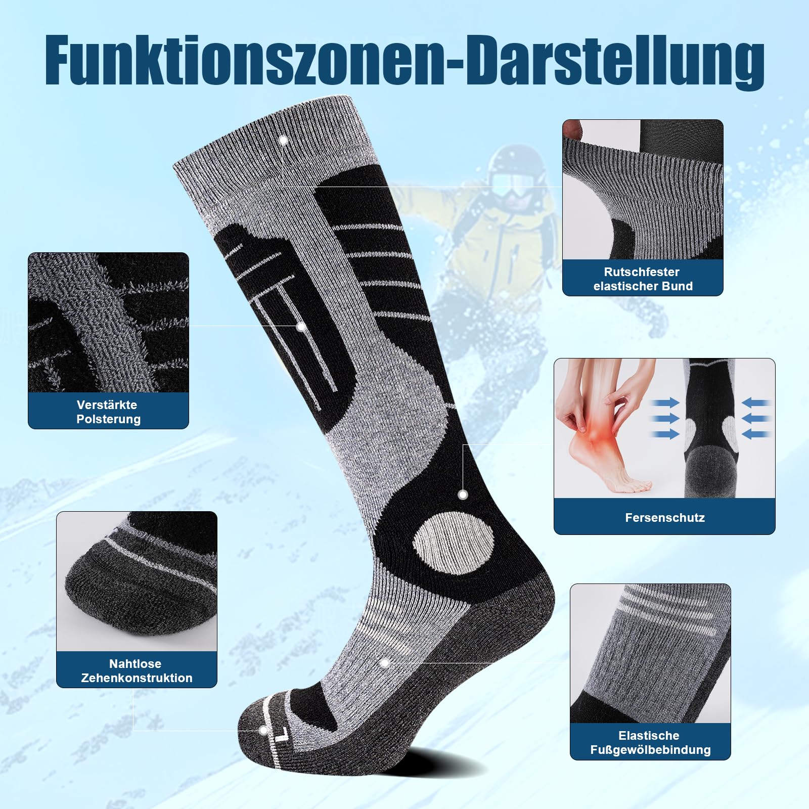 SukModen 2 Paia Calzini da Sci in Lana di Merino Per Signore e Signori, Lana Calda Termici Calzini Invernali Spessi Per Tempo Freddo, Neve, Sci, Snowboard, Caccia, Escursioni​